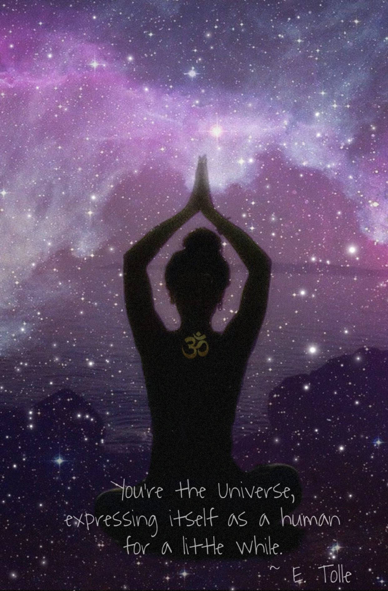 yoga pose, vibrant purple starry sky, cosmic clouds, HD Phone Wallpaper
