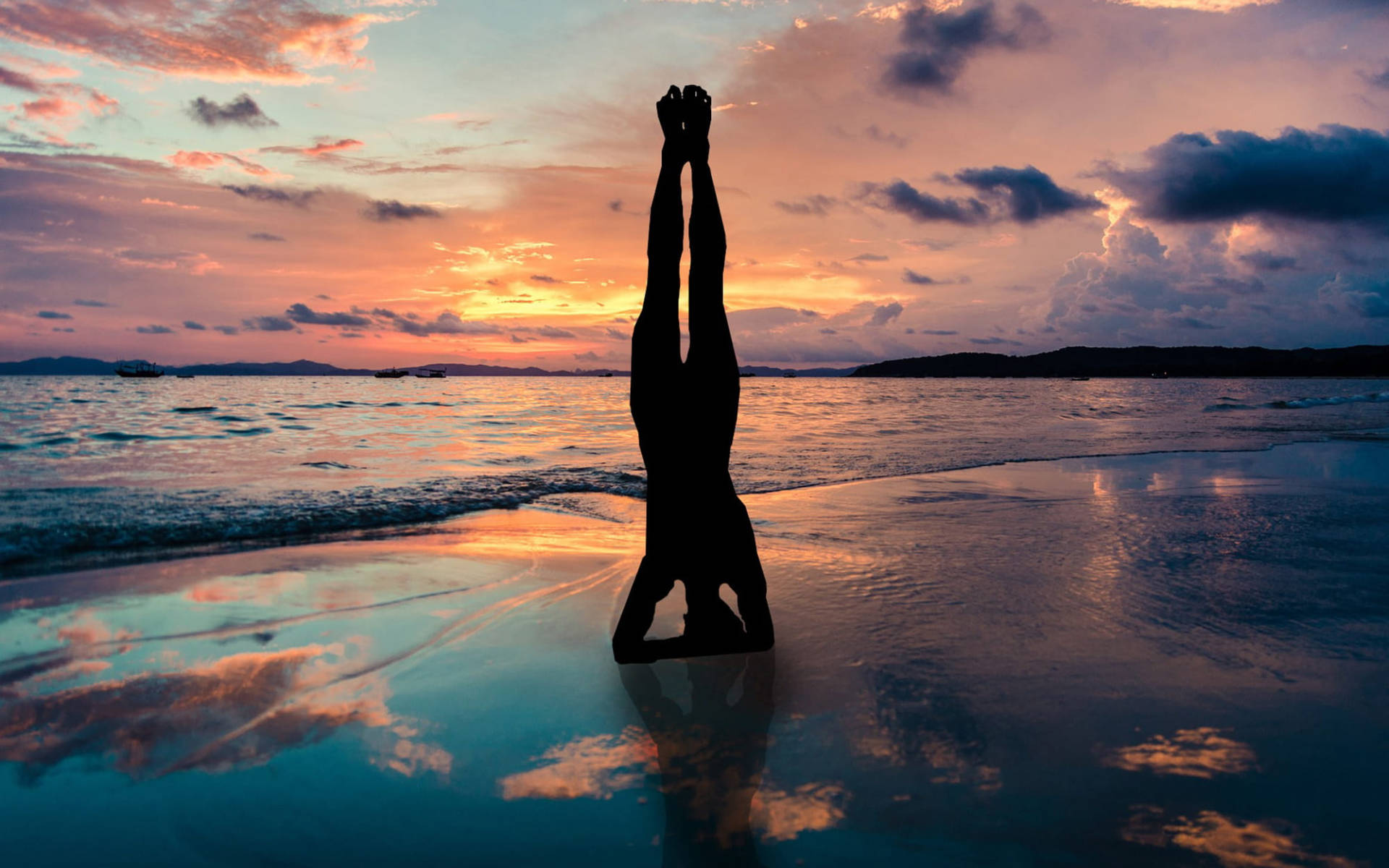 silhouette, headstand yoga pose, wet beach, Full HD Desktop Wallpaper