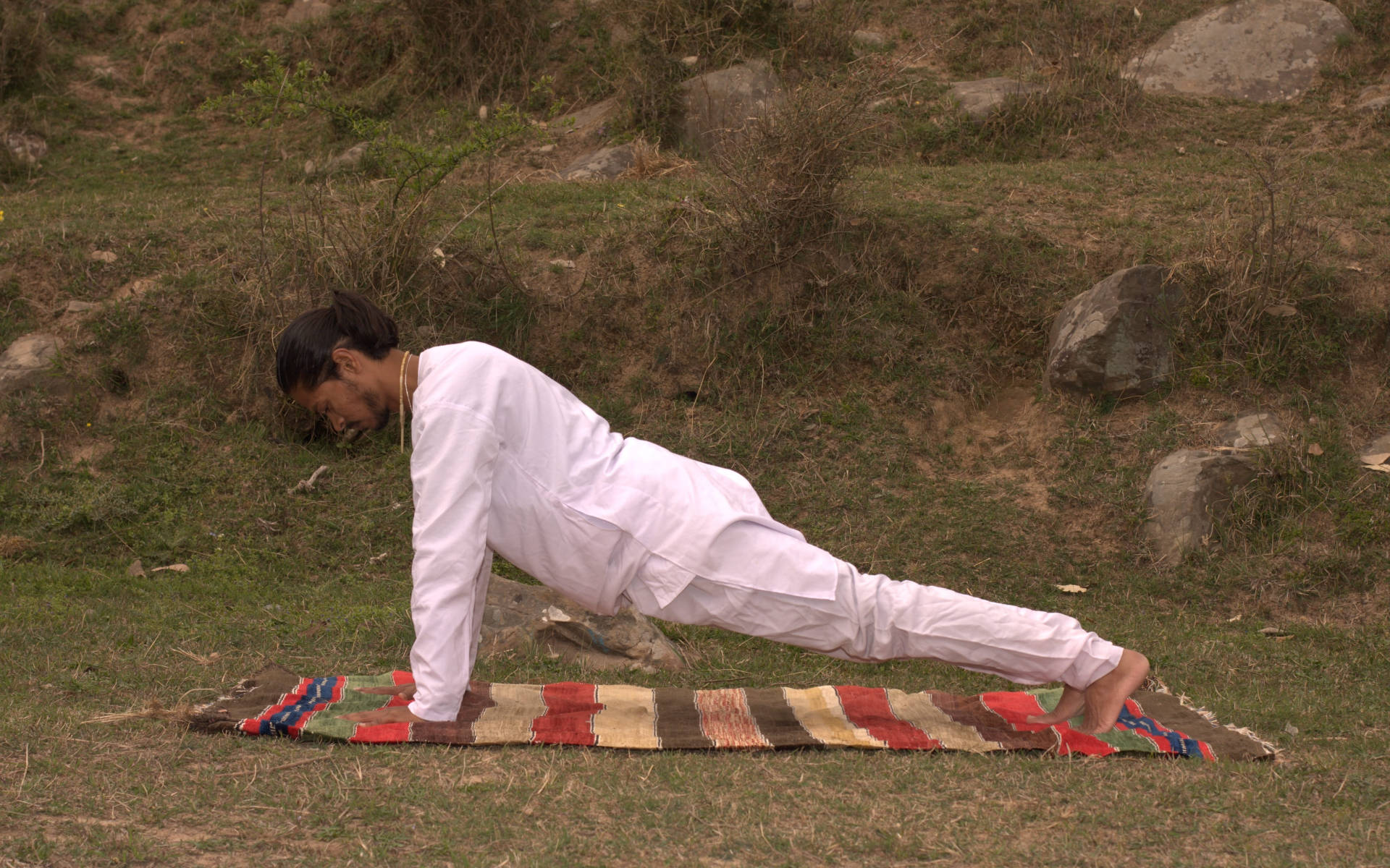 man, white traditional attire, plank pose, Full HD Desktop Wallpaper