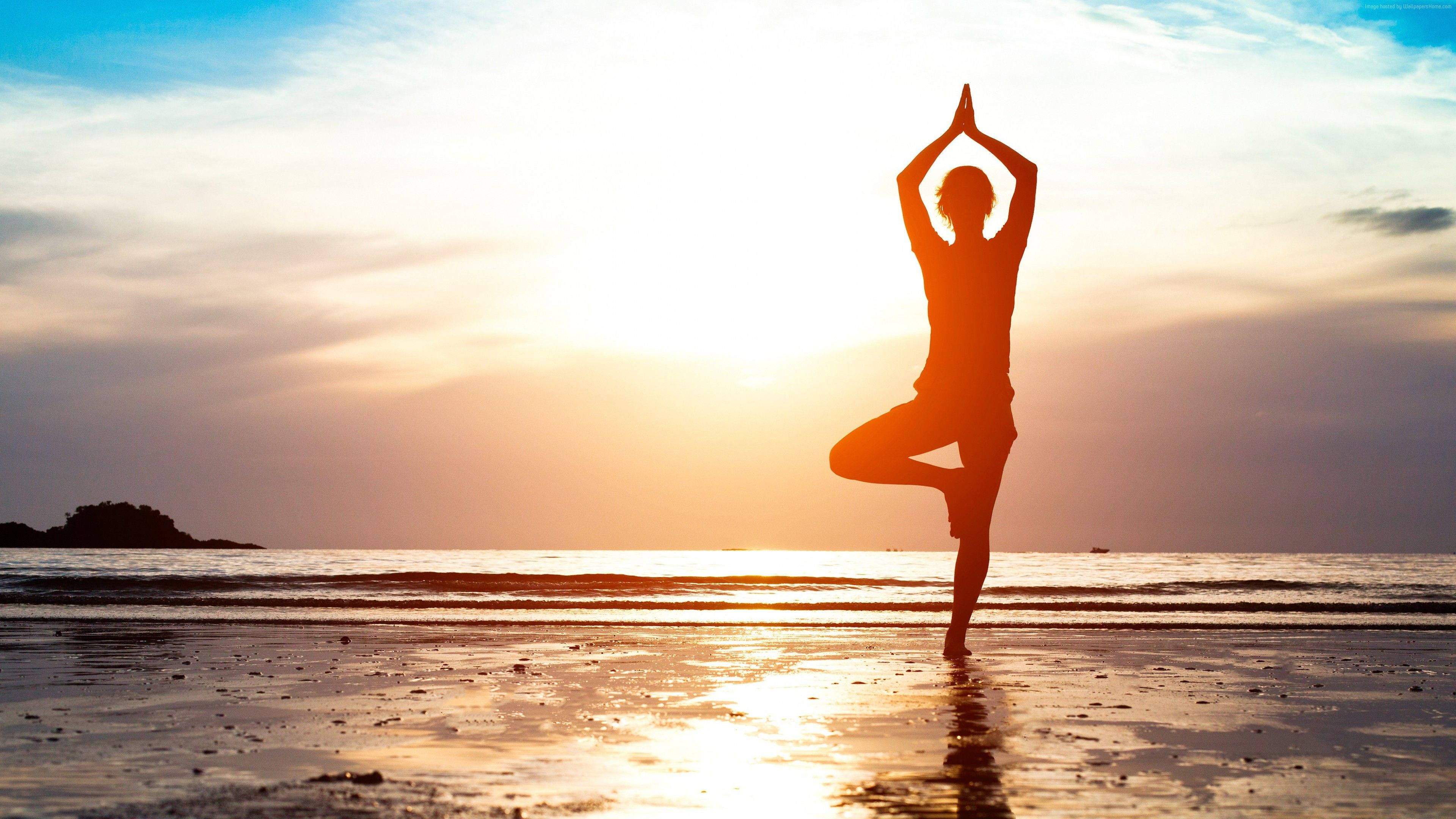 tree pose yoga, wet beach, golden sunset, 4K Desktop Wallpaper