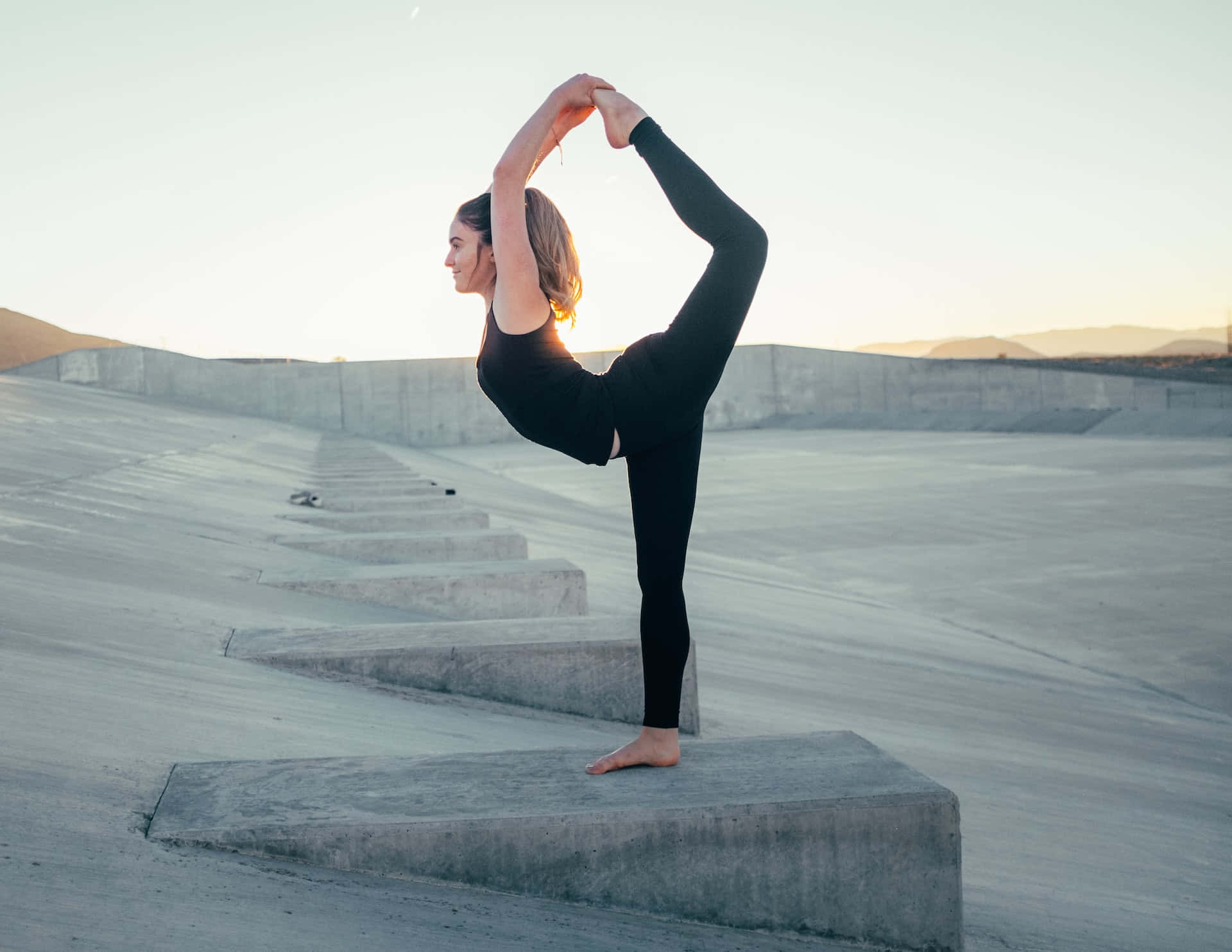 black athletic wear, graceful yoga pose, concrete steps, Full HD Desktop Wallpaper