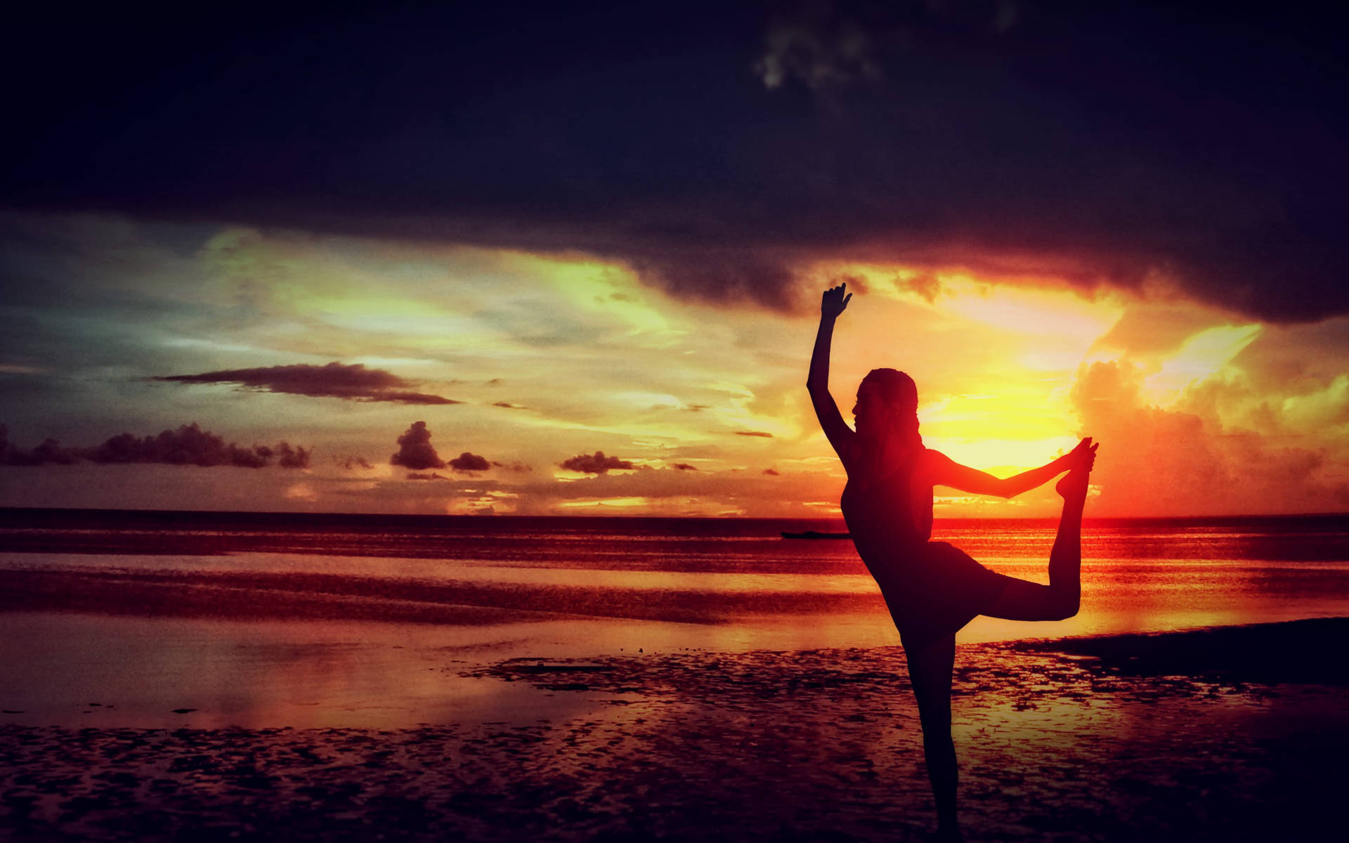 yoga pose, fiery sunset, wet beach, Full HD Desktop Wallpaper