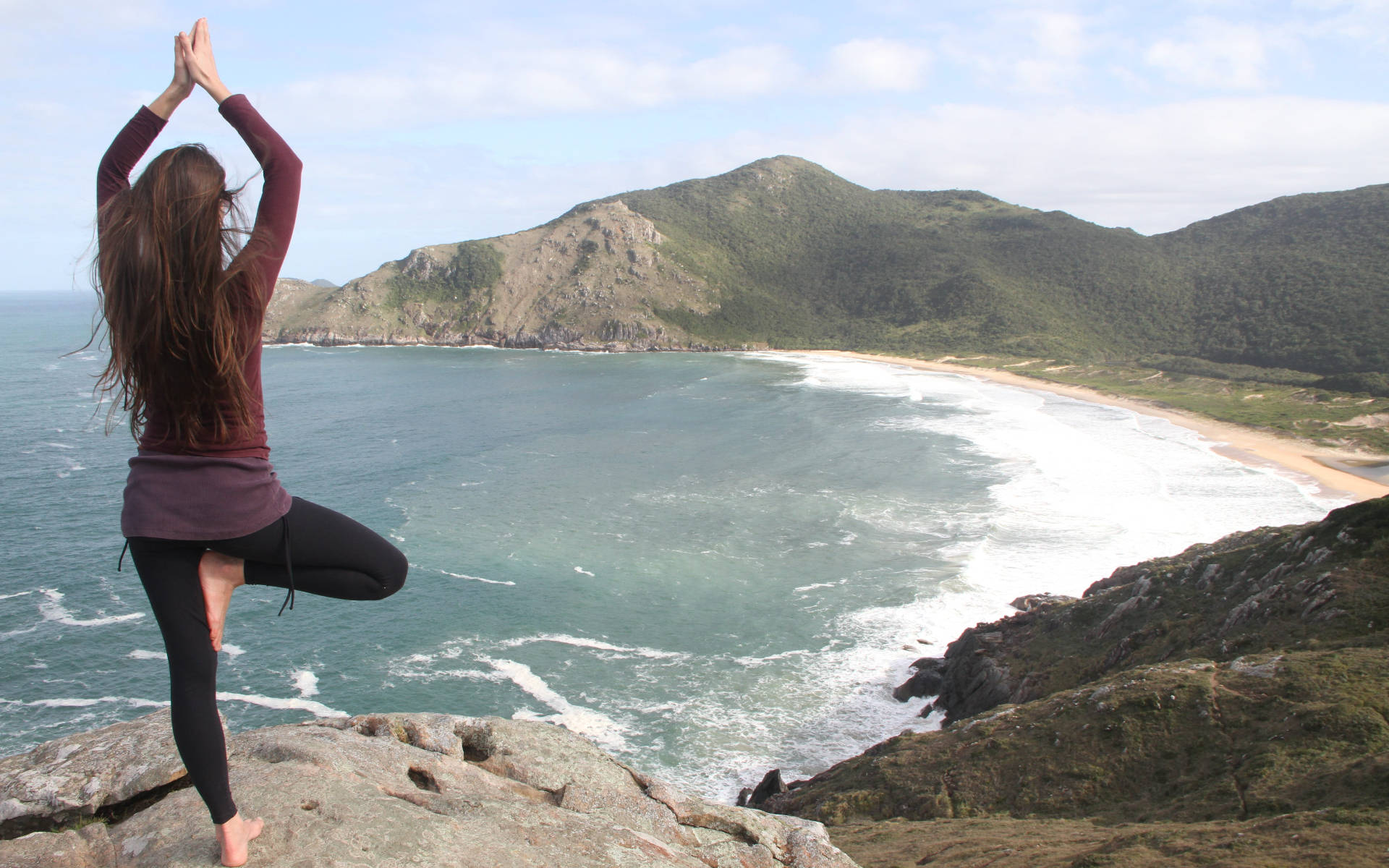 yoga girl, tree pose, cliff, Full HD Desktop Wallpaper