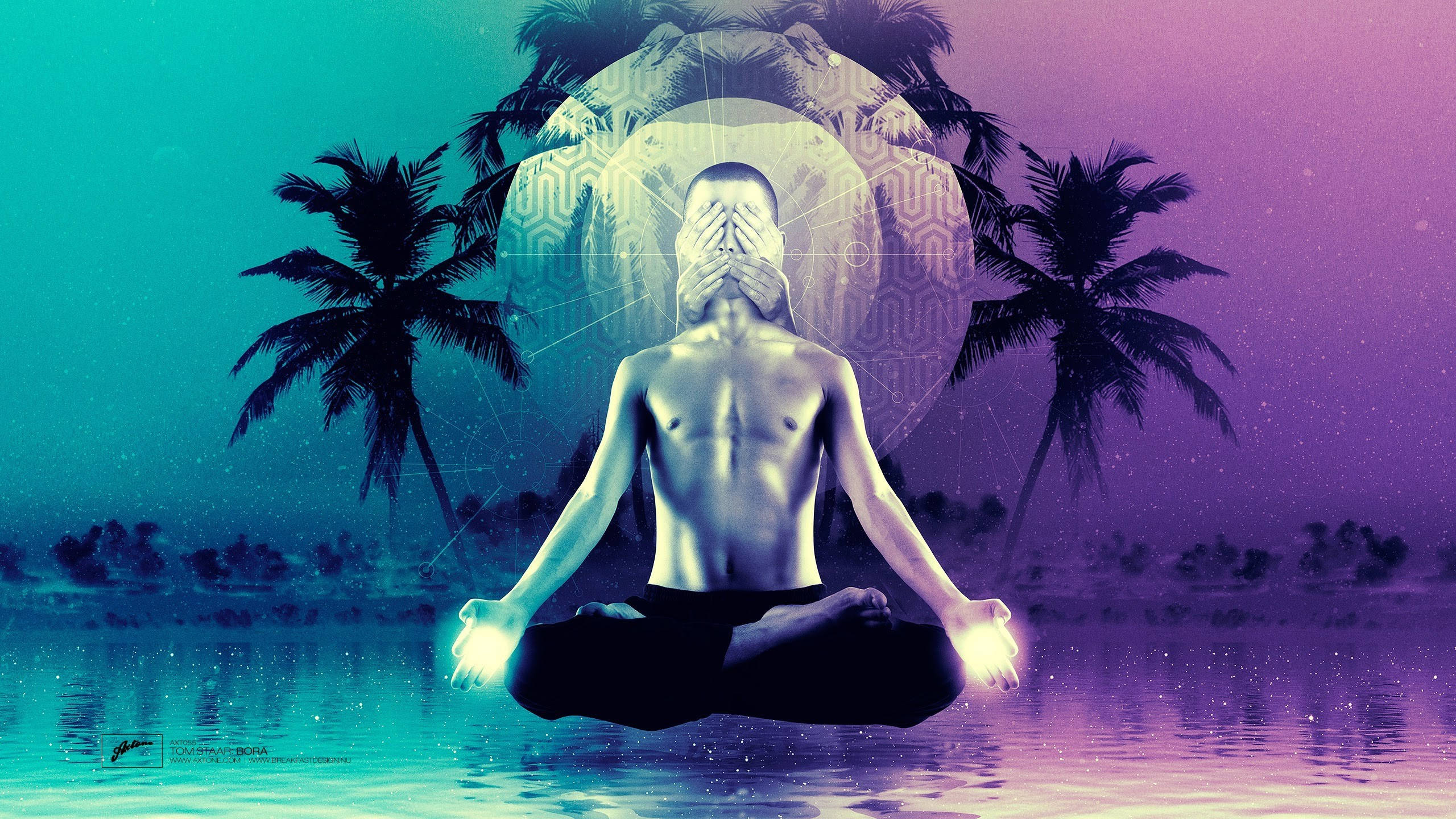 lotus pose, glowing figure, palm trees, 2K Desktop Wallpaper