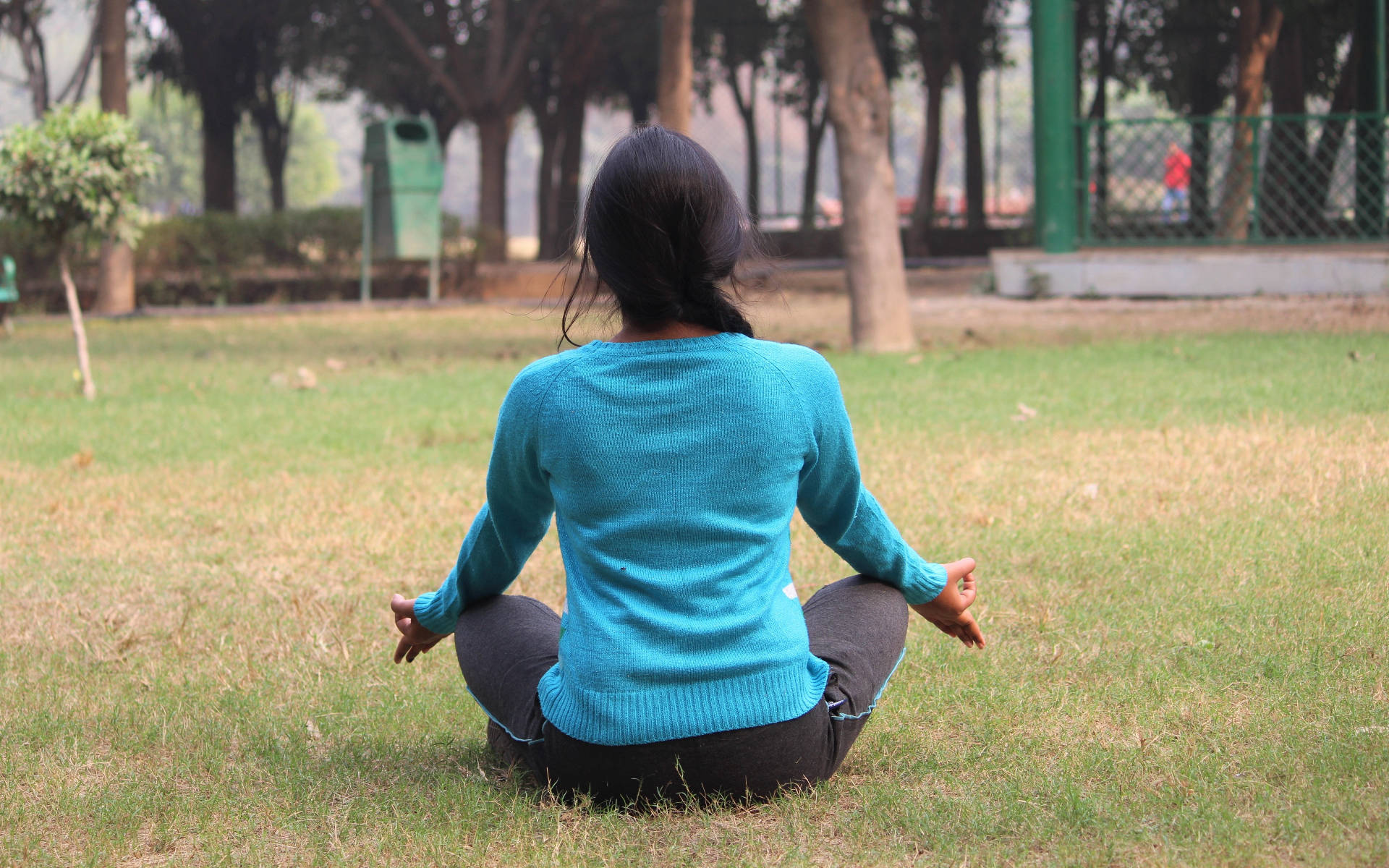 yoga, teal sweater, cross-legged, Full HD Desktop Wallpaper