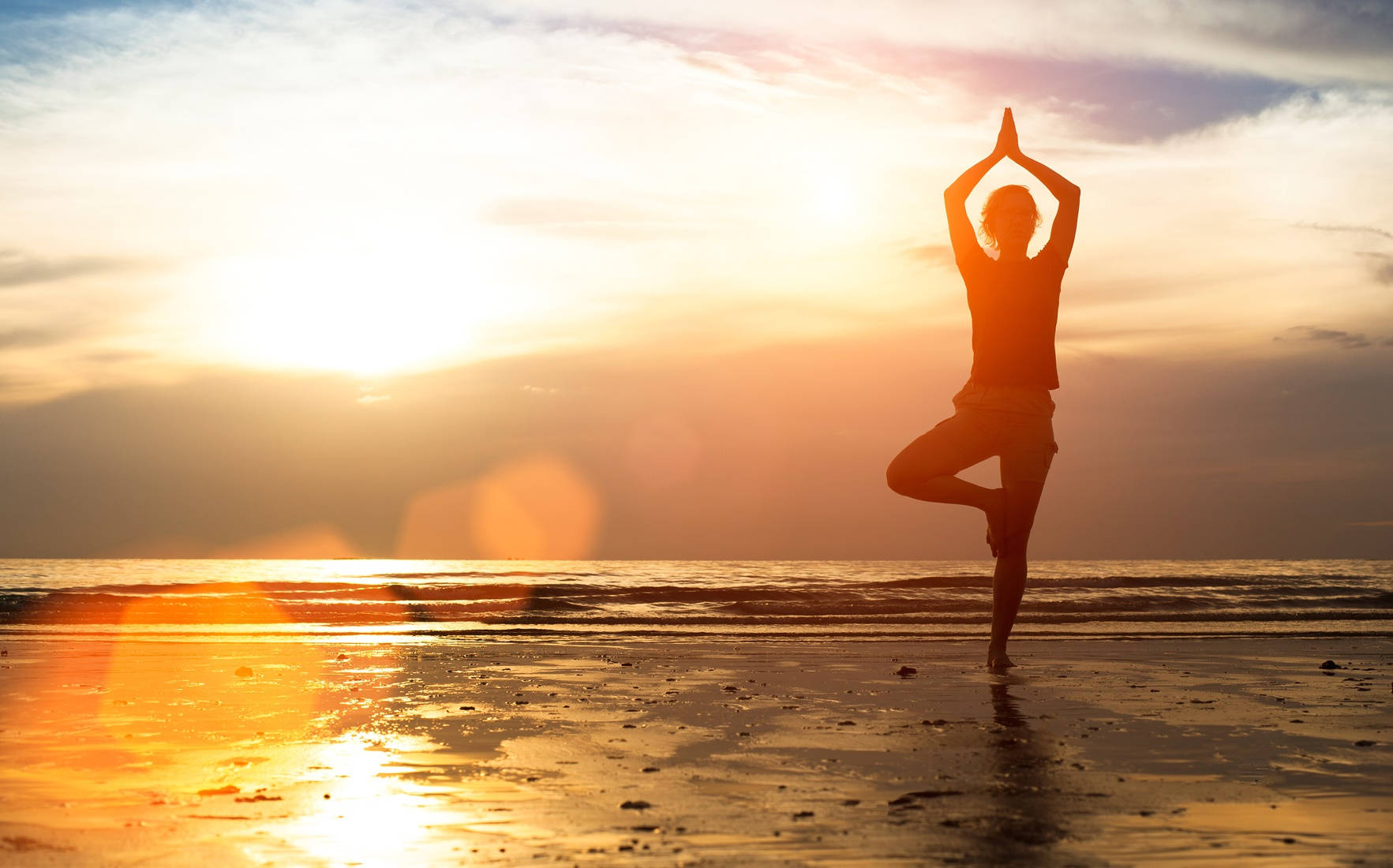 tree pose yoga, wet beach, golden sunset, HD Desktop Wallpaper
