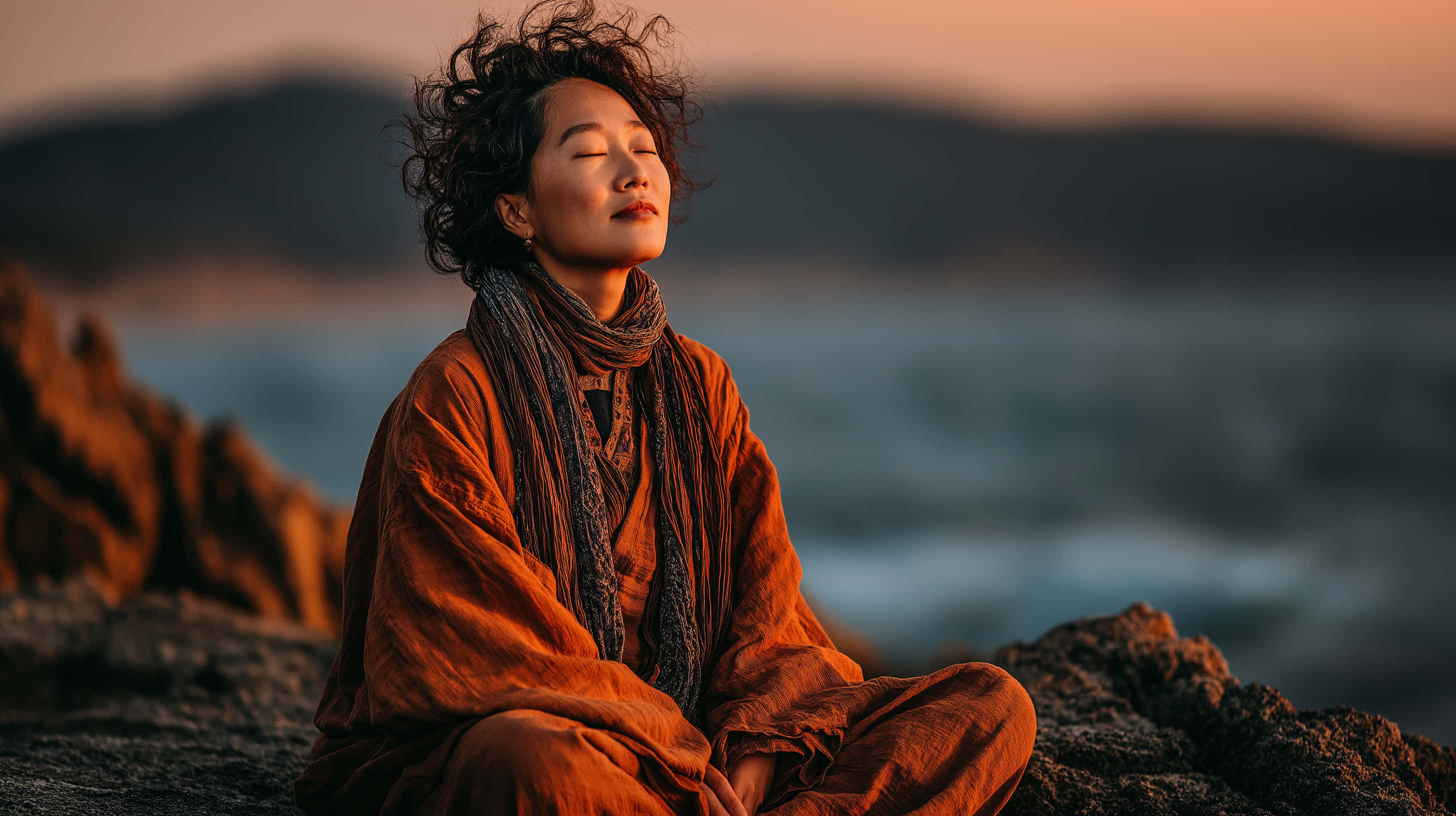 woman in meditation pose, rocky coastline, sunset, 2K Desktop Wallpaper