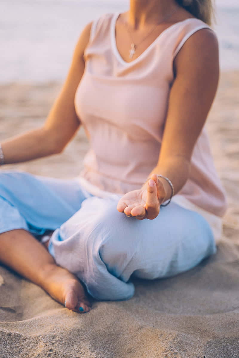 woman, yoga, sunlit beach, SD Phone Wallpaper