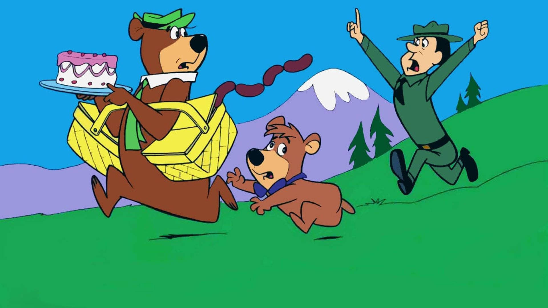 Yogi Bear, green hat, yellow picnic basket, Full HD Desktop Wallpaper