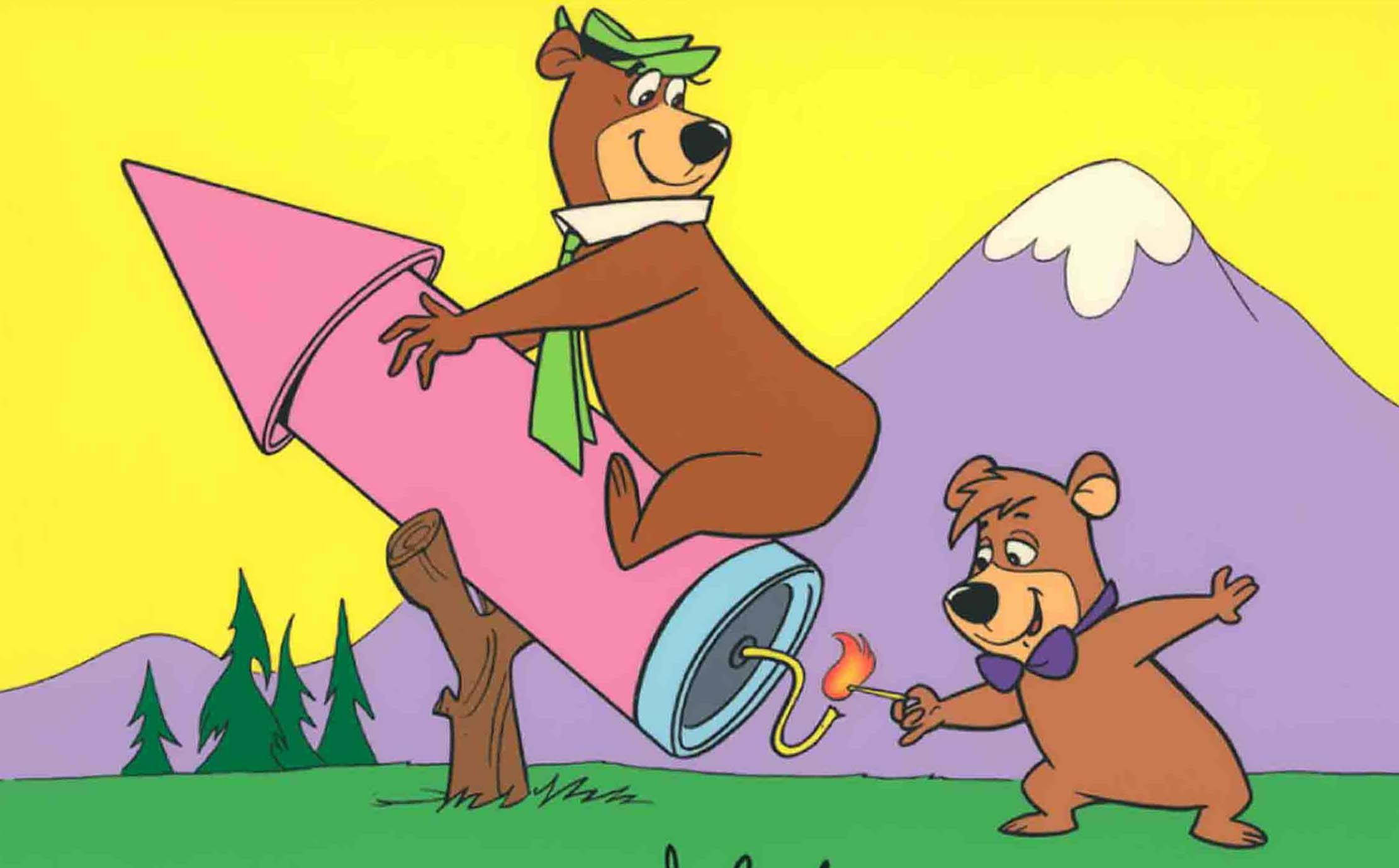 Yogi Bear, pink rocket, yellow sky, Full HD Desktop Wallpaper