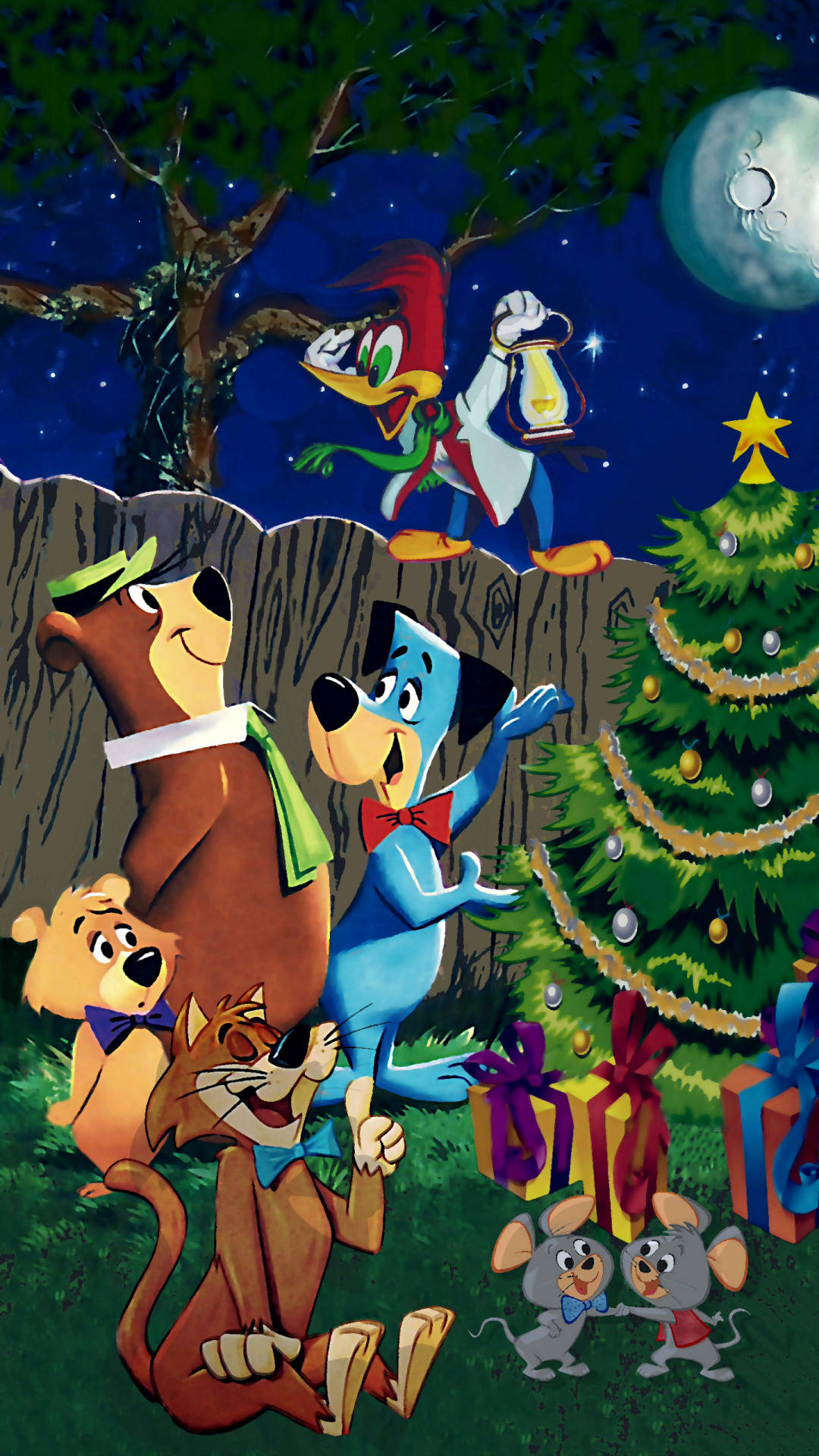 Yogi Bear, Christmas, starry night sky, Full HD Phone Wallpaper
