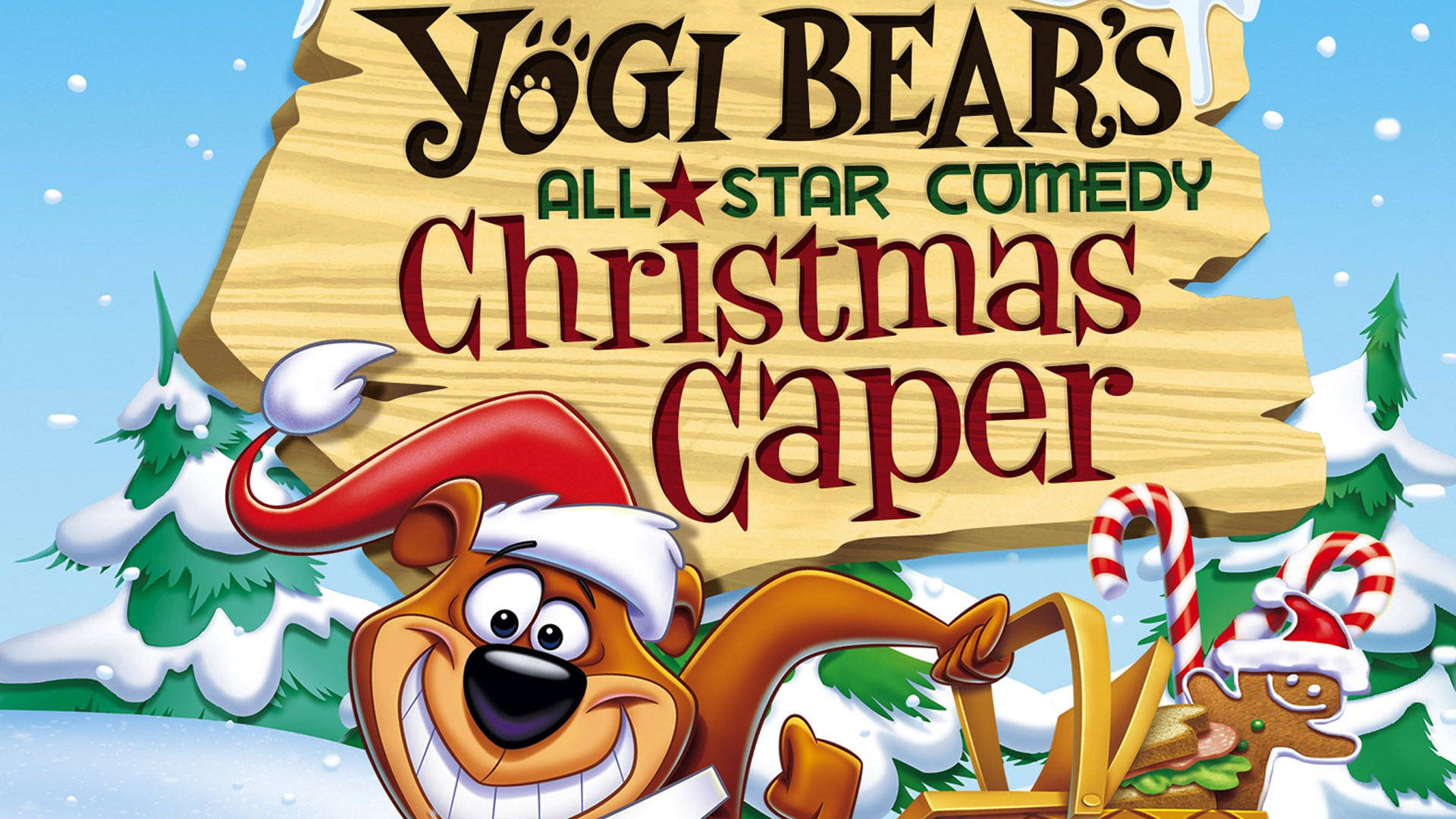Yogi Bear, Santa hat, snowy winter scene, Full HD Desktop Wallpaper