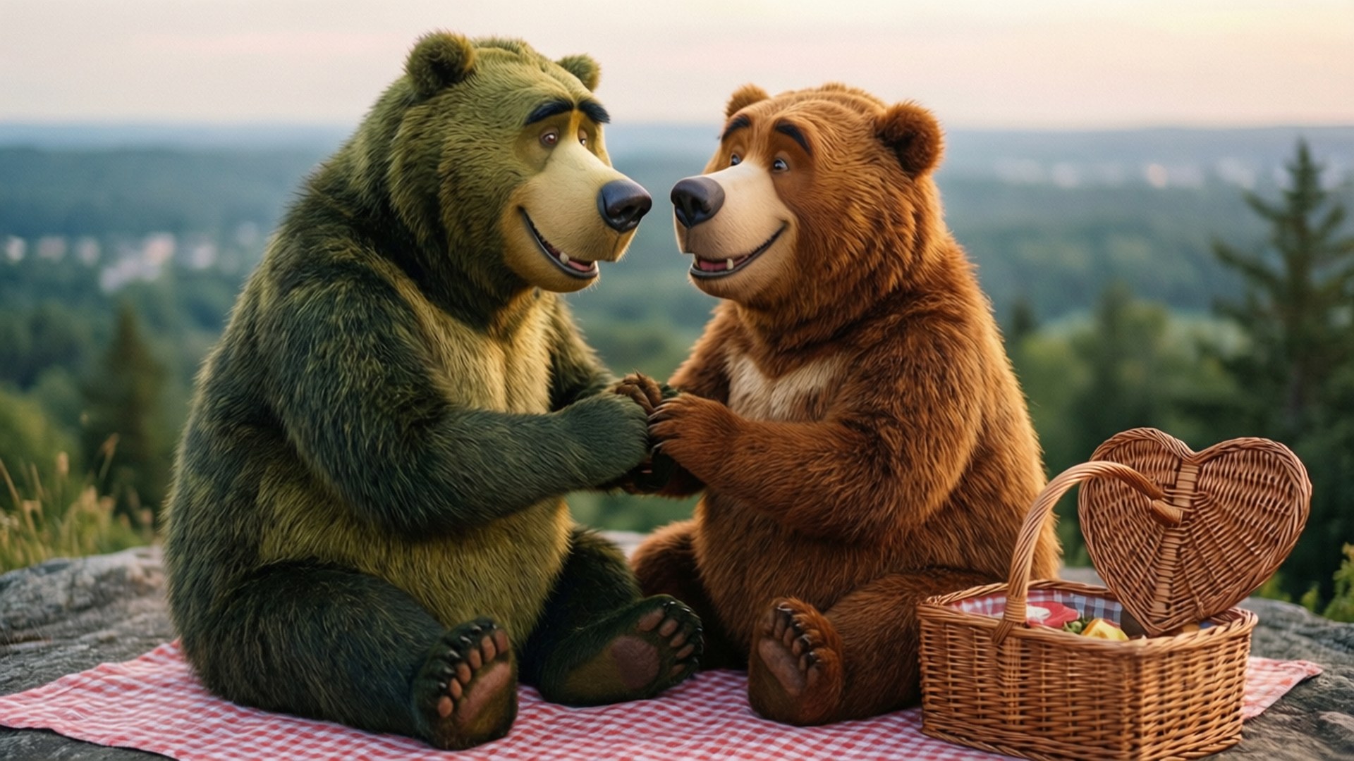 Yogi Bear, red checkered blanket, heart-shaped picnic basket, Full HD Desktop Wallpaper