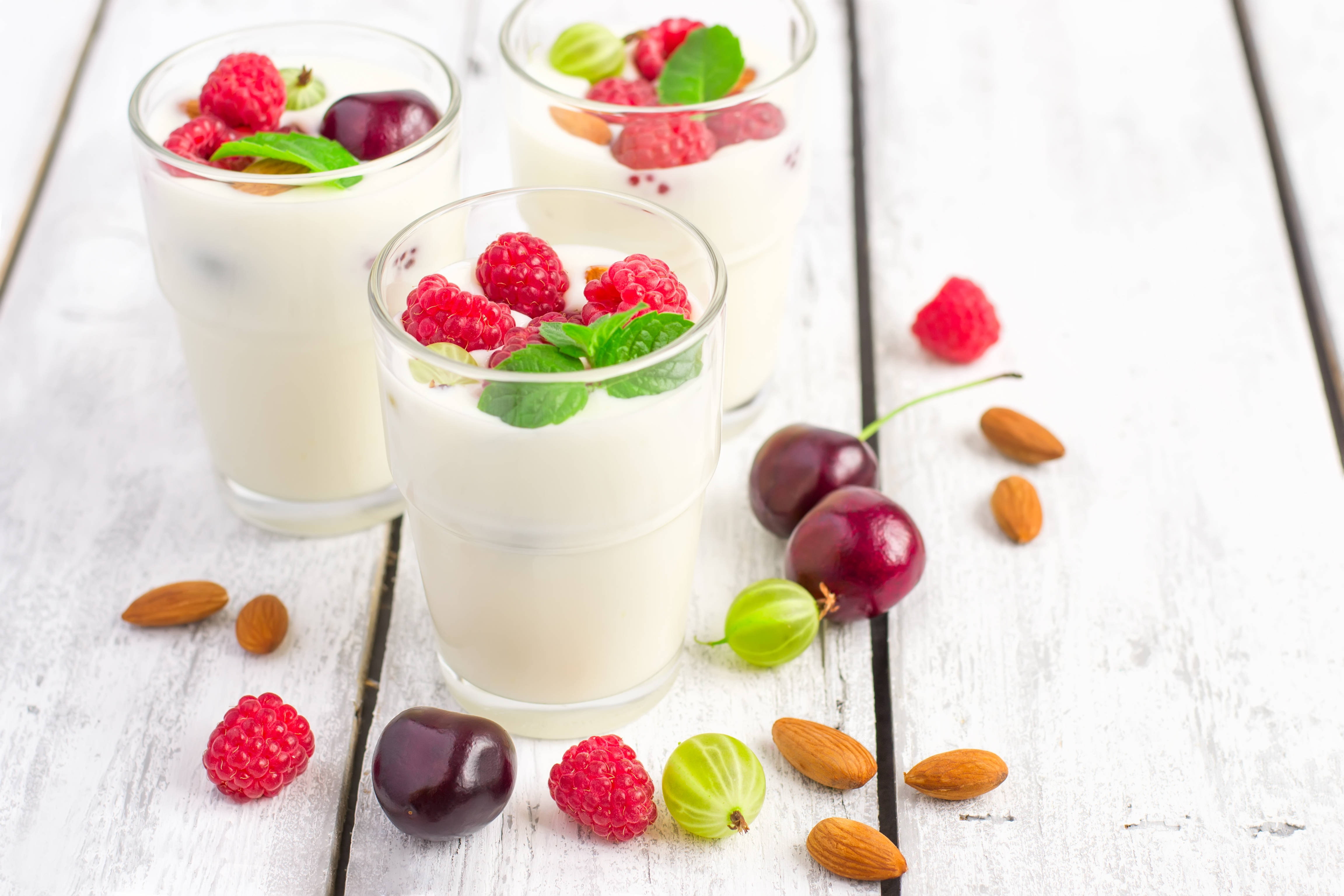 yogurt, raspberries, cherries, 4K Desktop Wallpaper