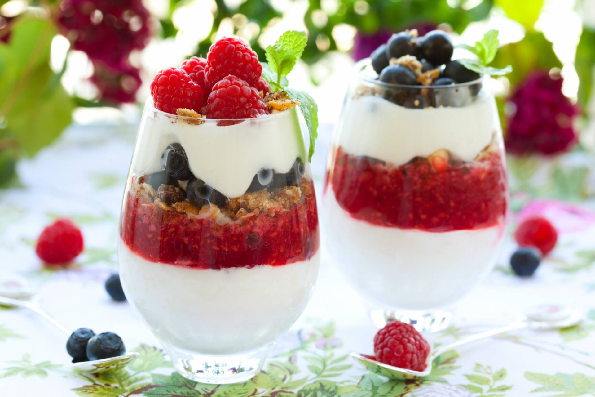 yogurt, raspberry compote, blueberries, Full HD Desktop Wallpaper