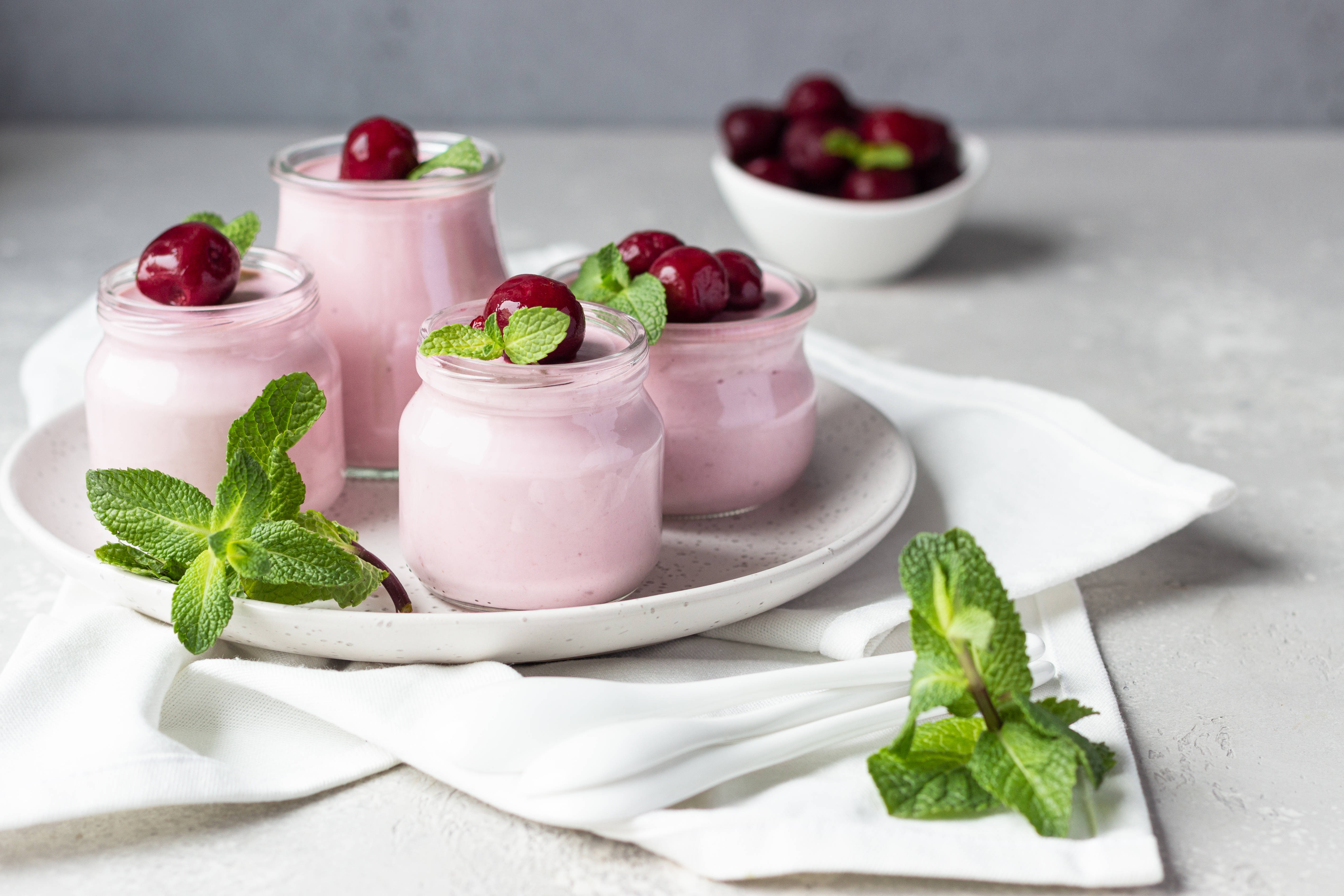 yogurt, cherries, mint leaves, 4K Desktop Wallpaper