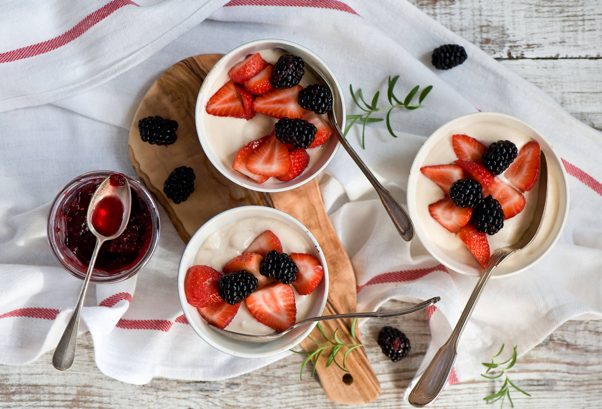 creamy yogurt, fresh strawberries, blackberries, Full HD Desktop Wallpaper
