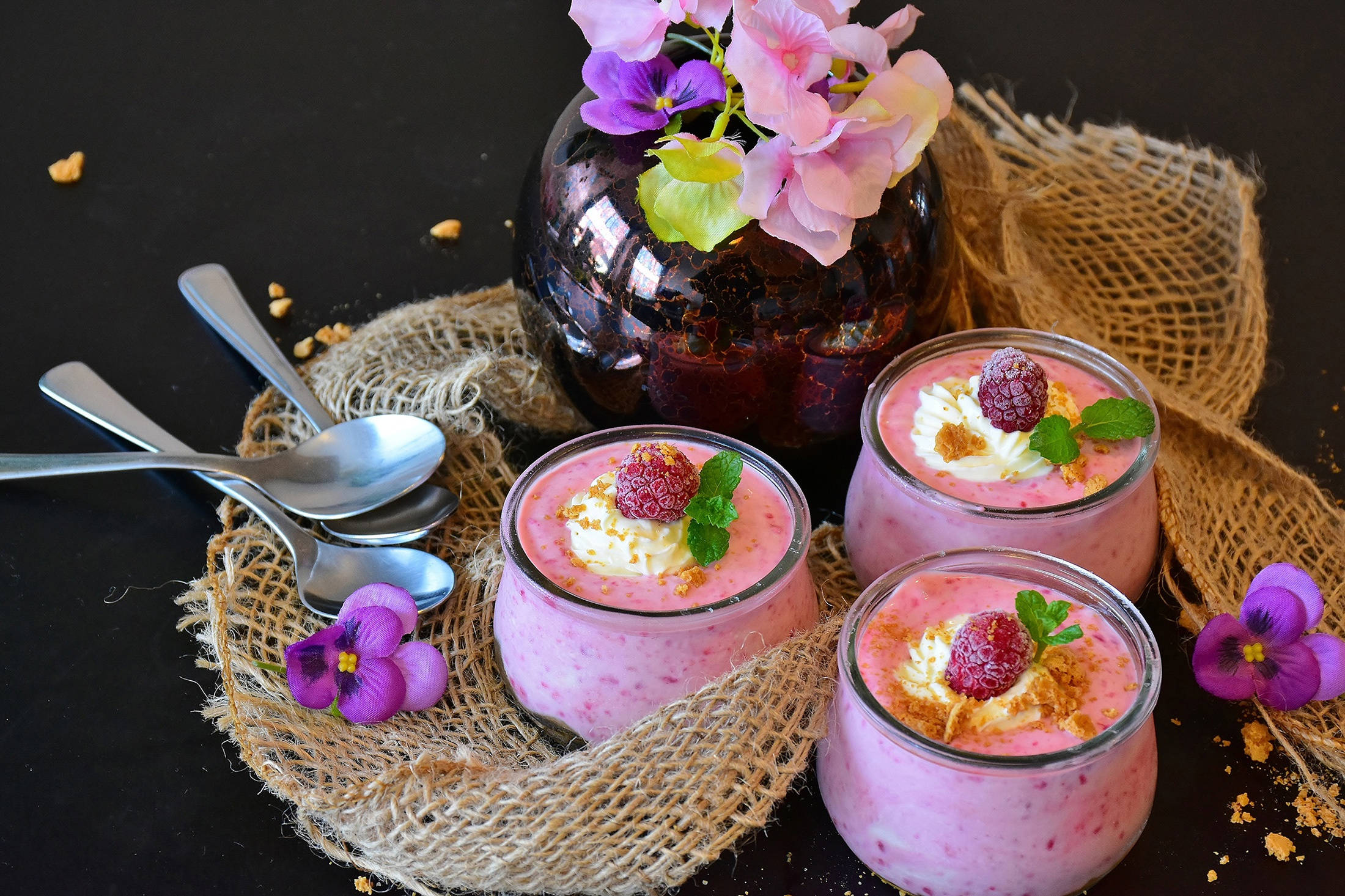 pink raspberries, raspberry mousse cups, cream berries, Full HD Desktop Wallpaper