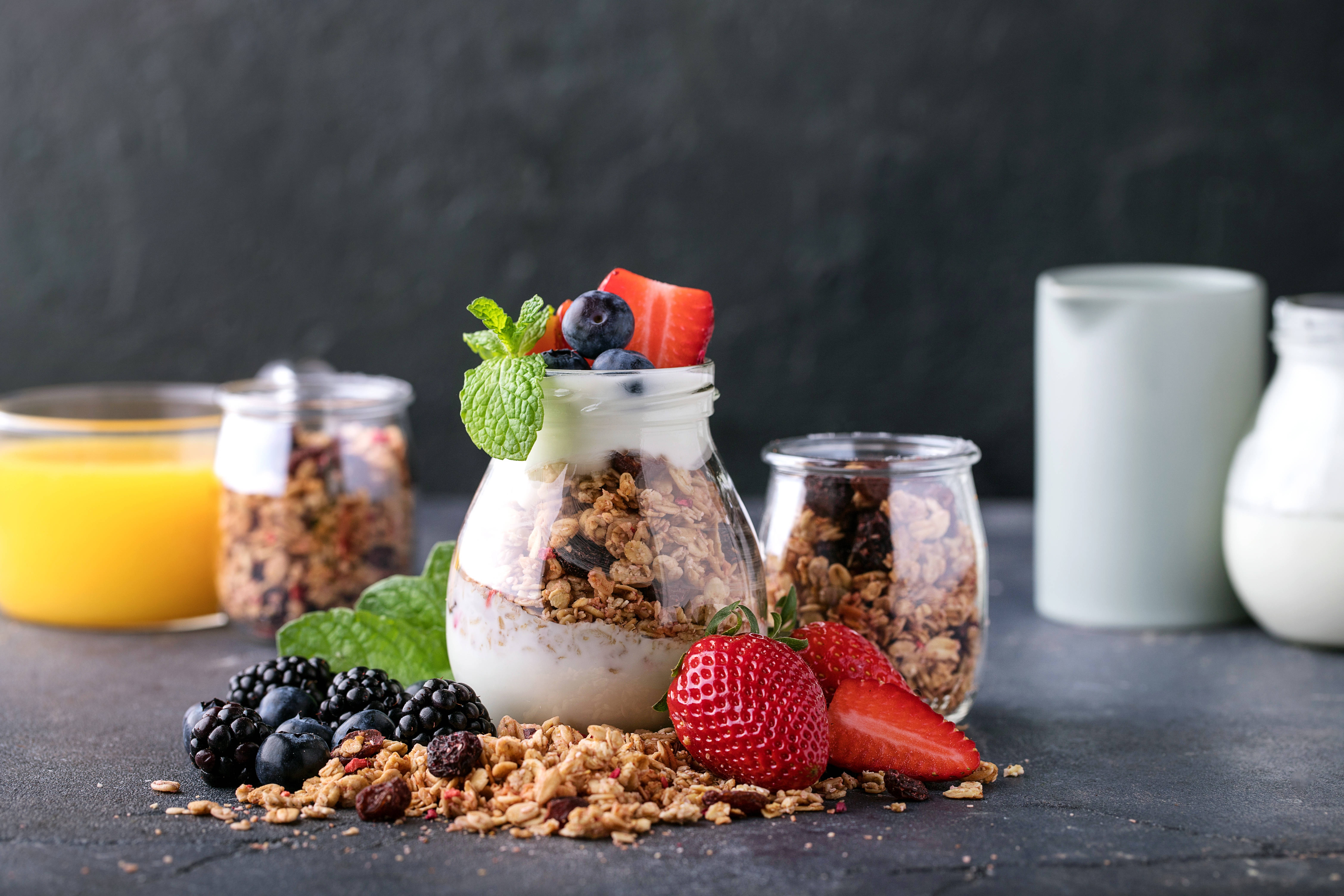 yogurt, granola, fruits, 5K Desktop Wallpaper