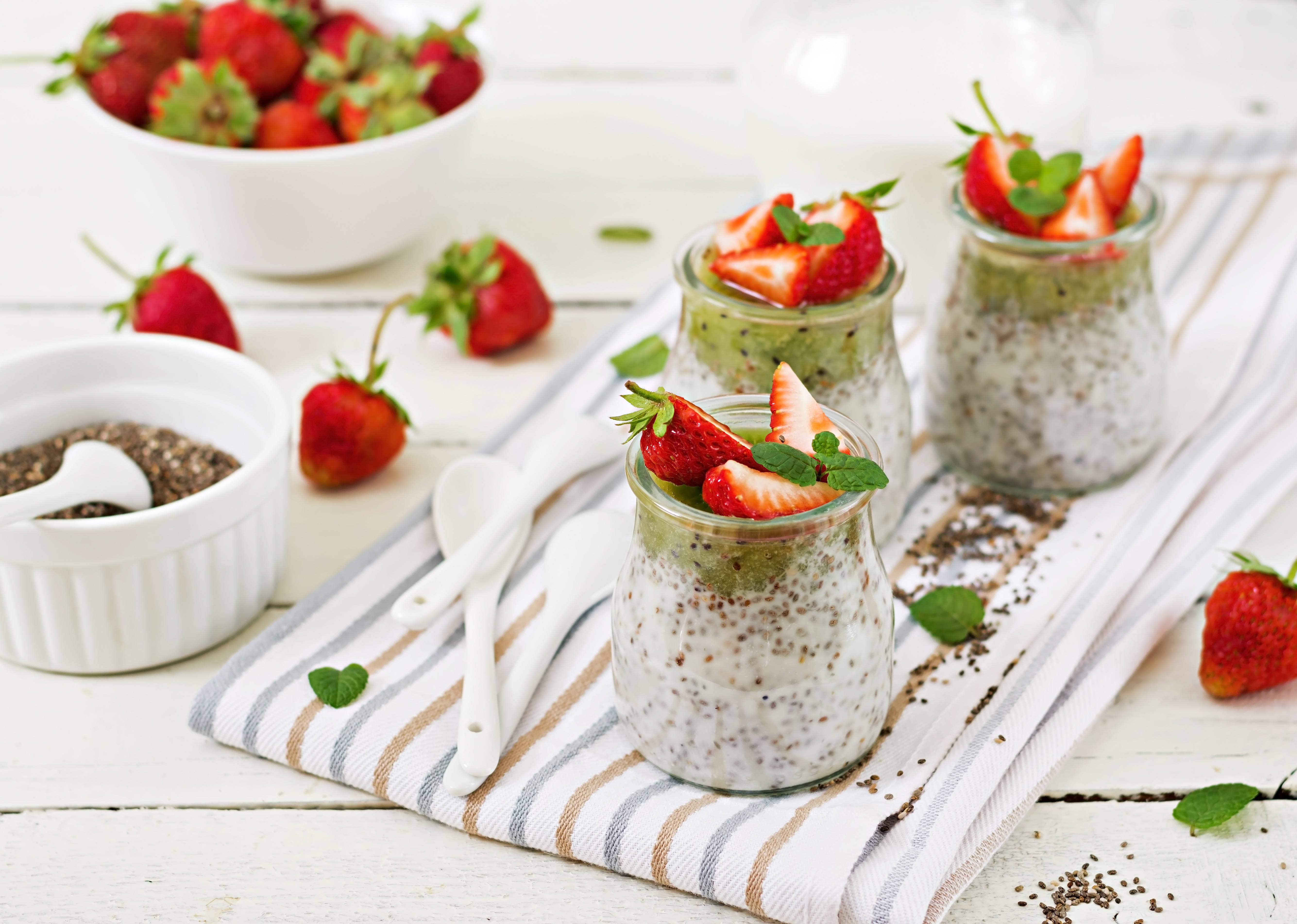 yogurt with strawberries, glass jars, creamy chia pudding, 5K Desktop Wallpaper
