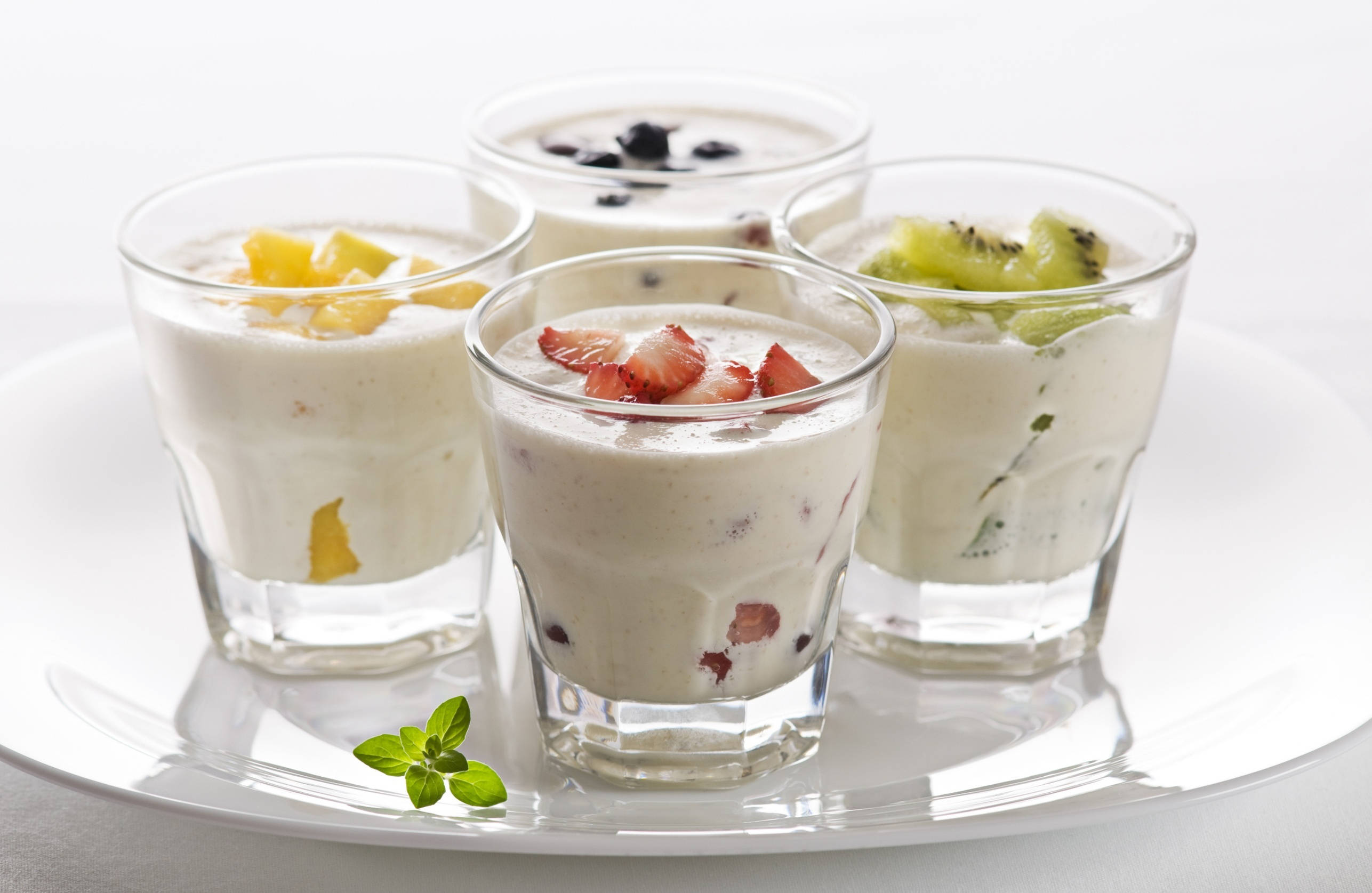 fruity yogurt glasses, clear glasses, creamy yogurt, 2K Desktop Wallpaper