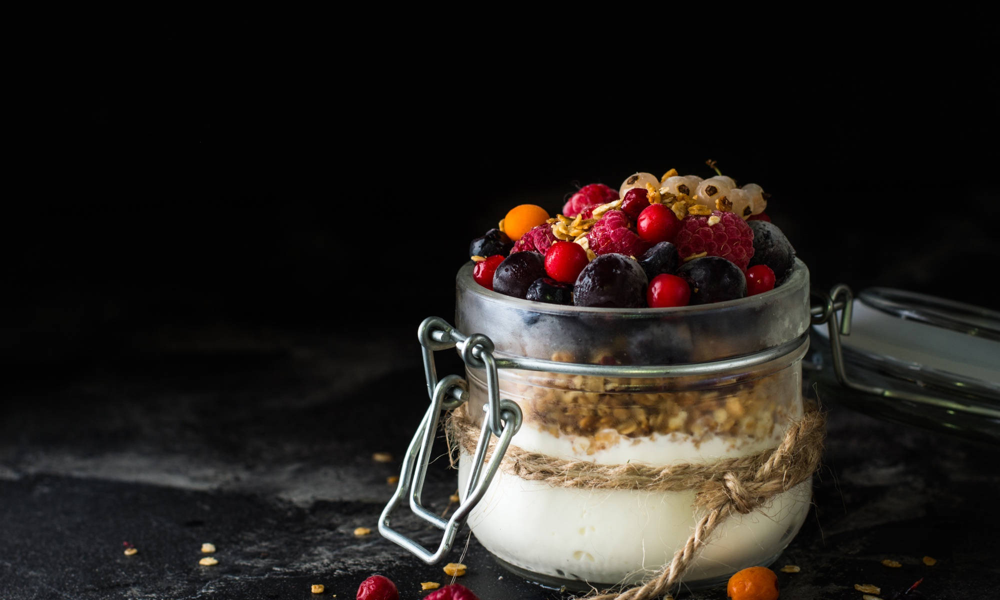 yogurt, fruity toppings, glass jar, Full HD Desktop Wallpaper