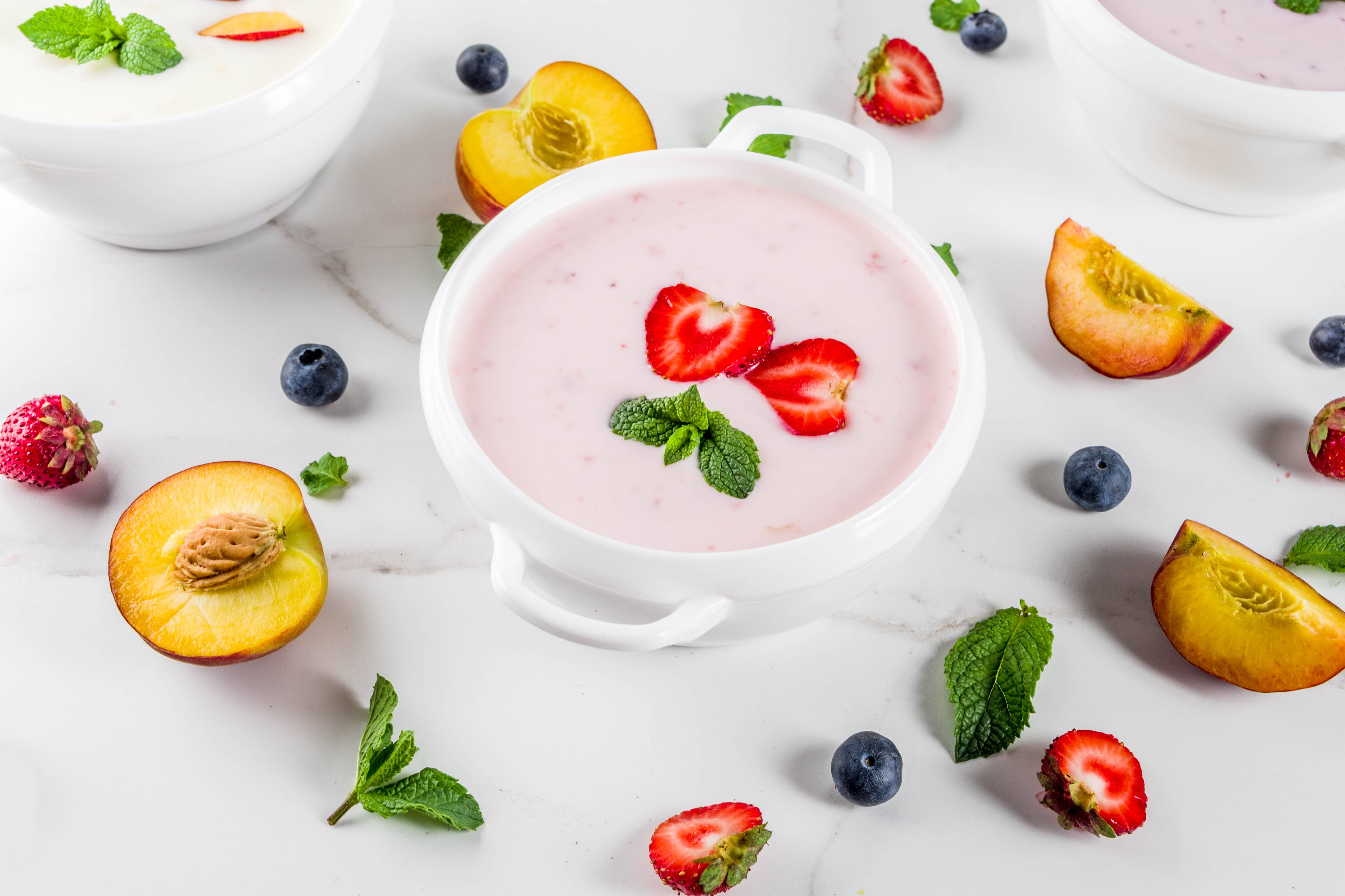 yogurt, strawberries, mint leaves, 4K Desktop Wallpaper