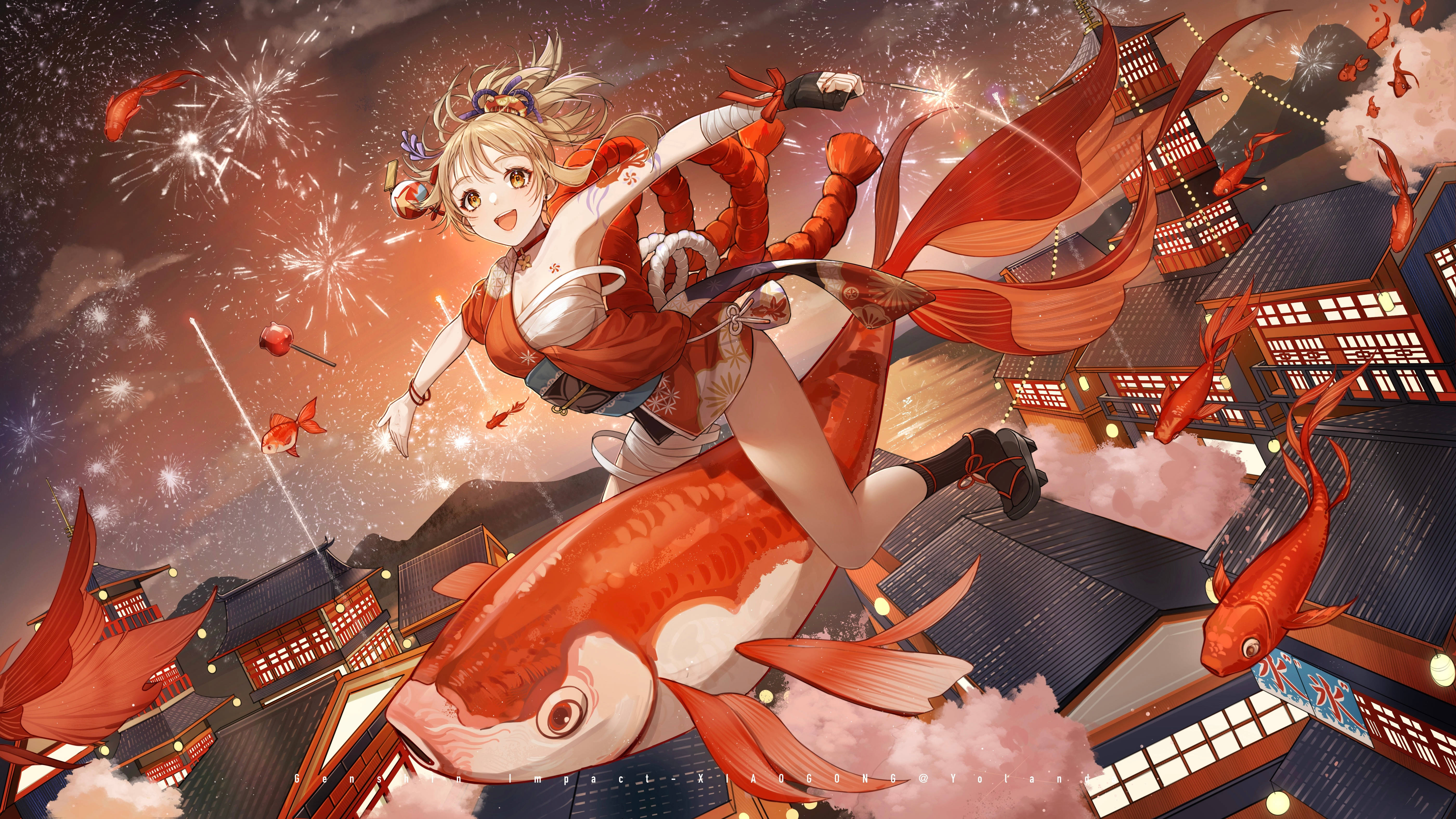 Yoimiya, red kimono, giant koi fish, 5K Desktop Wallpaper