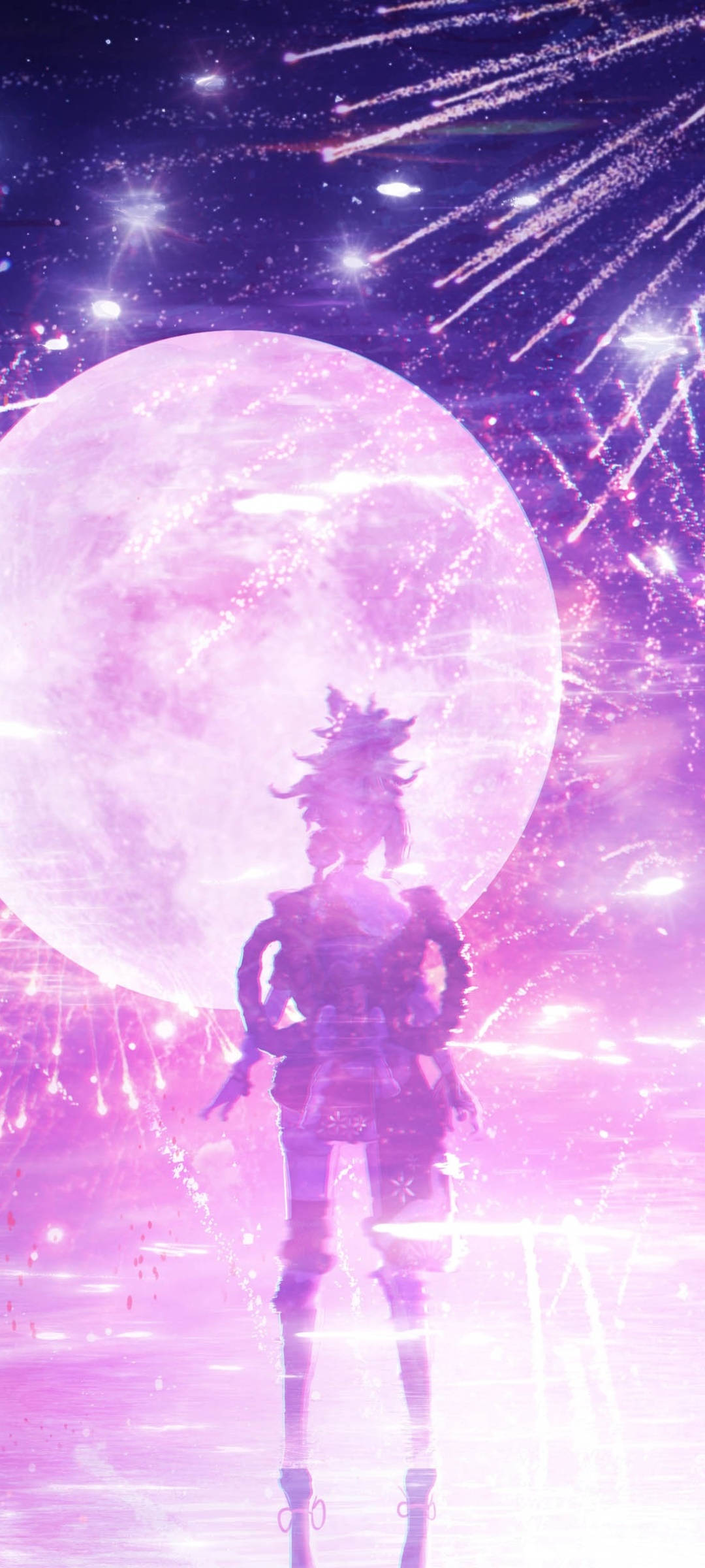 Yoimiya, glowing pink moon, streaks of light, Full HD Phone Wallpaper
