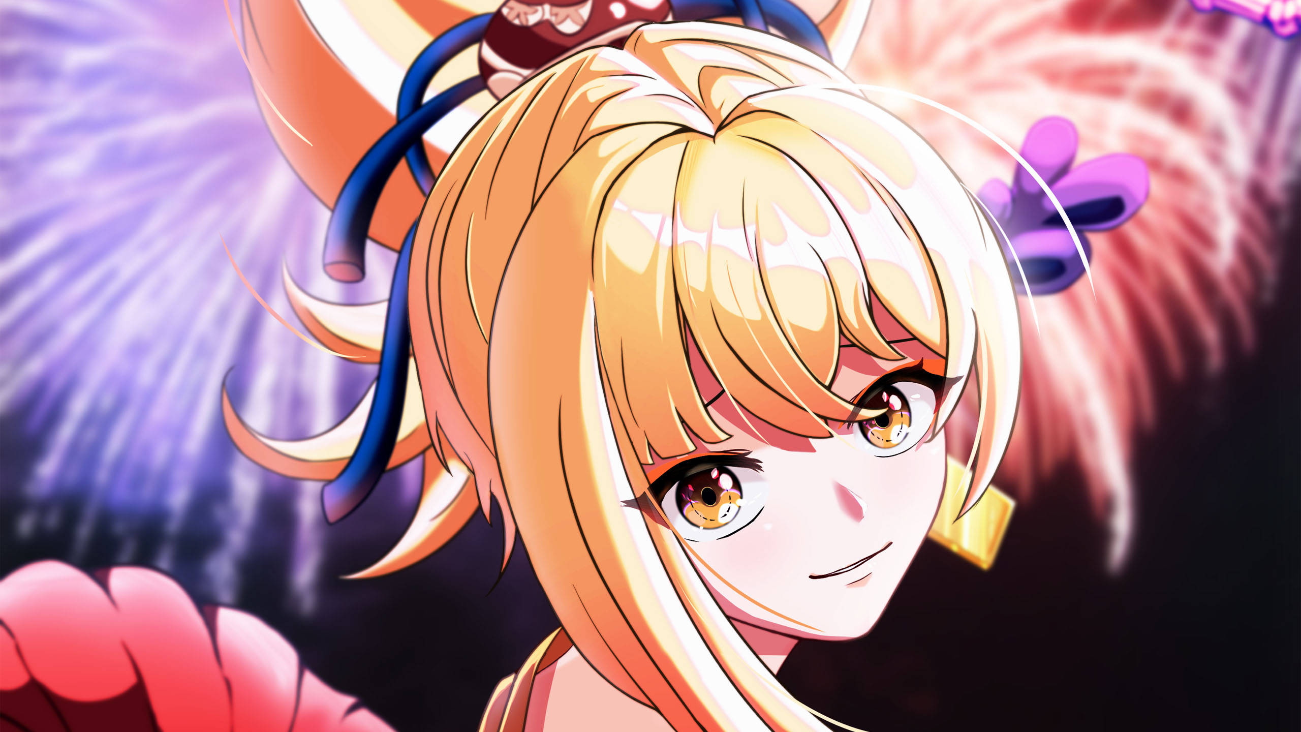 Yoimiya, golden hair, fox ears, 2K Desktop Wallpaper