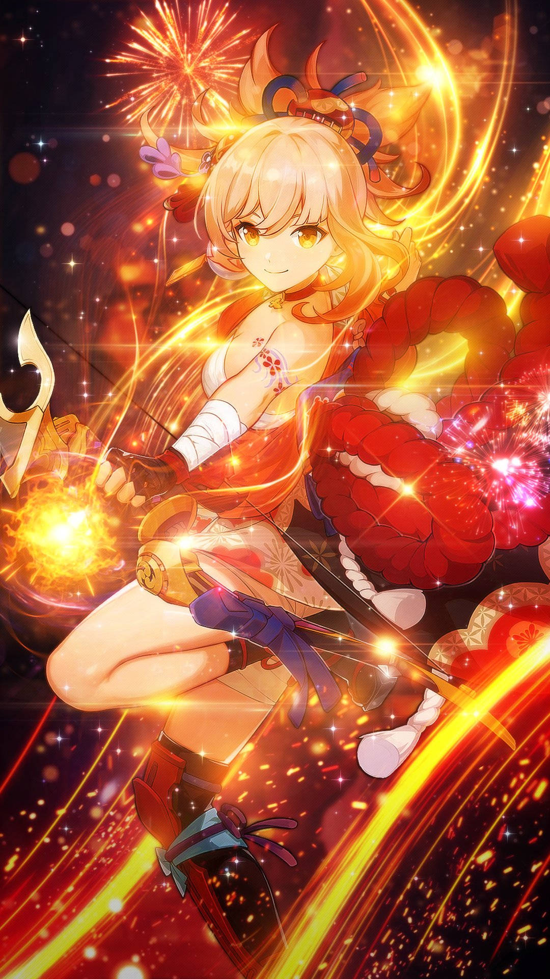 Yoimiya, yellow fireworks, glowing weapon, Full HD Phone Wallpaper