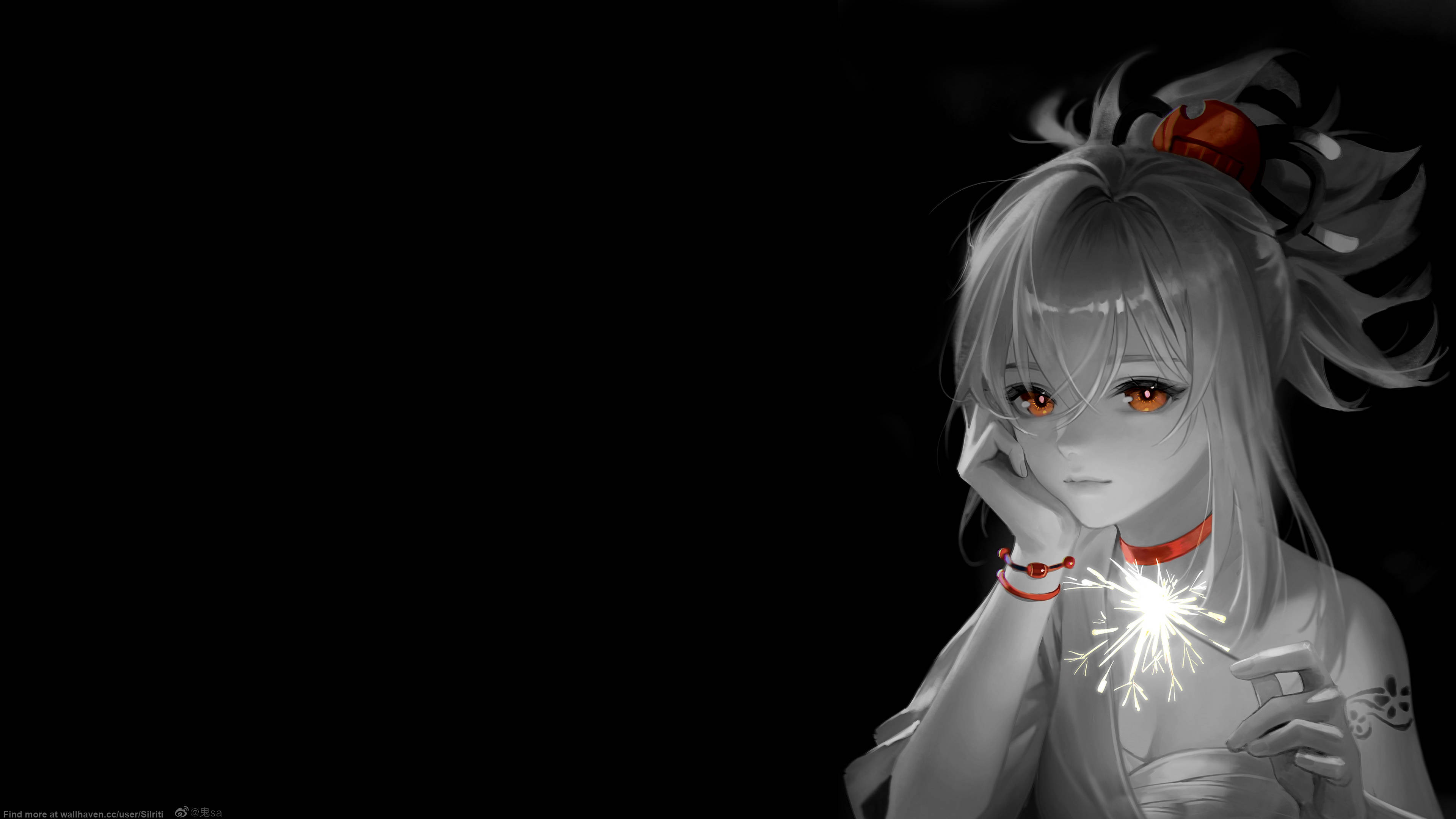 Yoimiya, black, glowing orange eyes, 4K Desktop Wallpaper