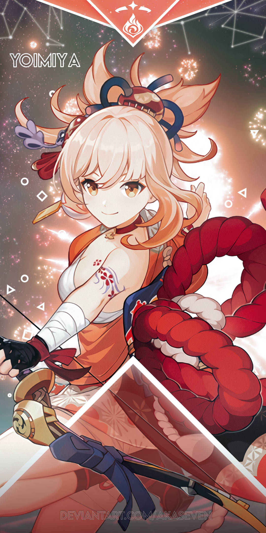 Yoimiya, festive red kimono, bow, Full HD Phone Wallpaper