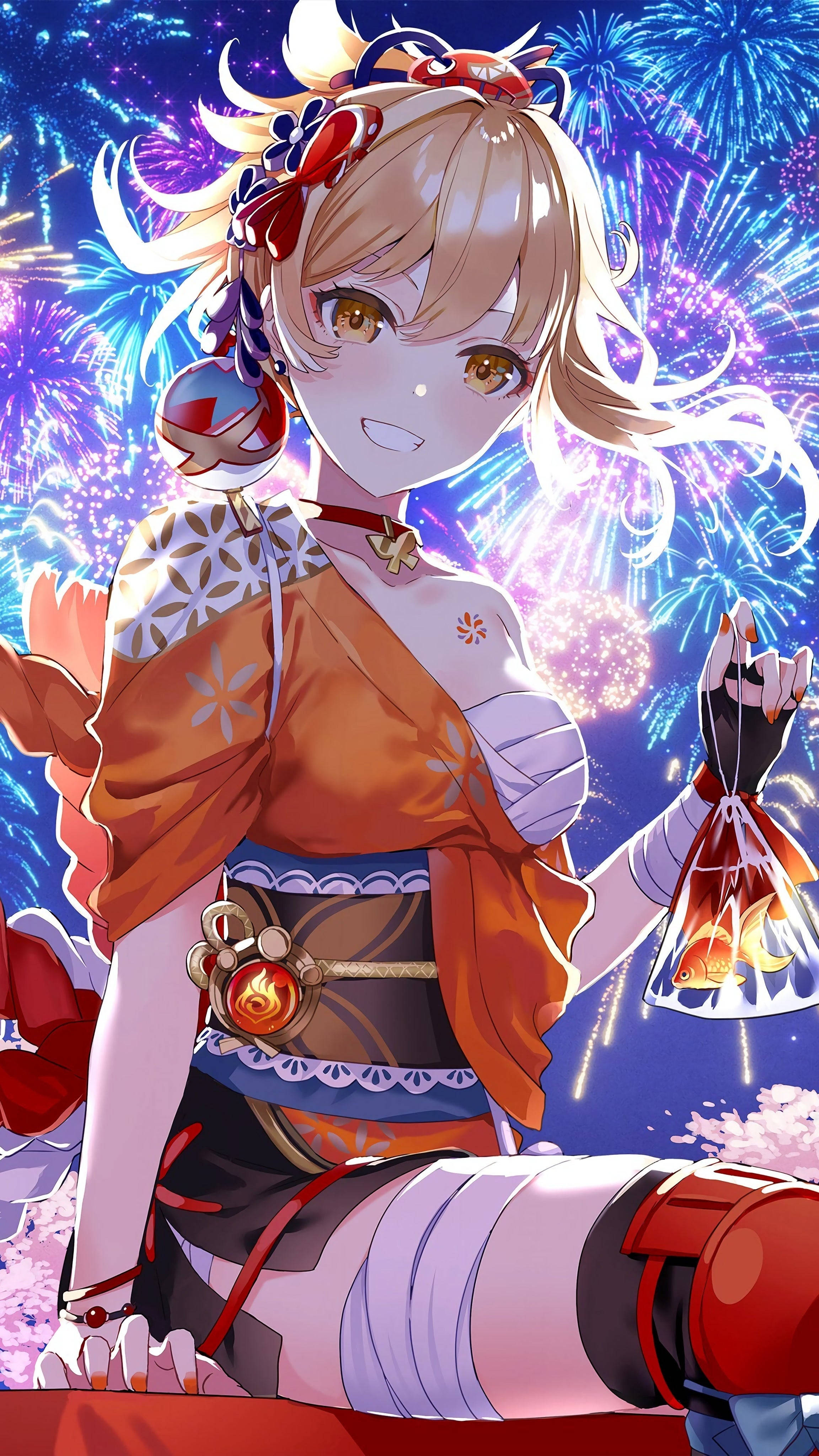 Yoimiya, colorful fireworks, festive kimono, 4K Phone Wallpaper