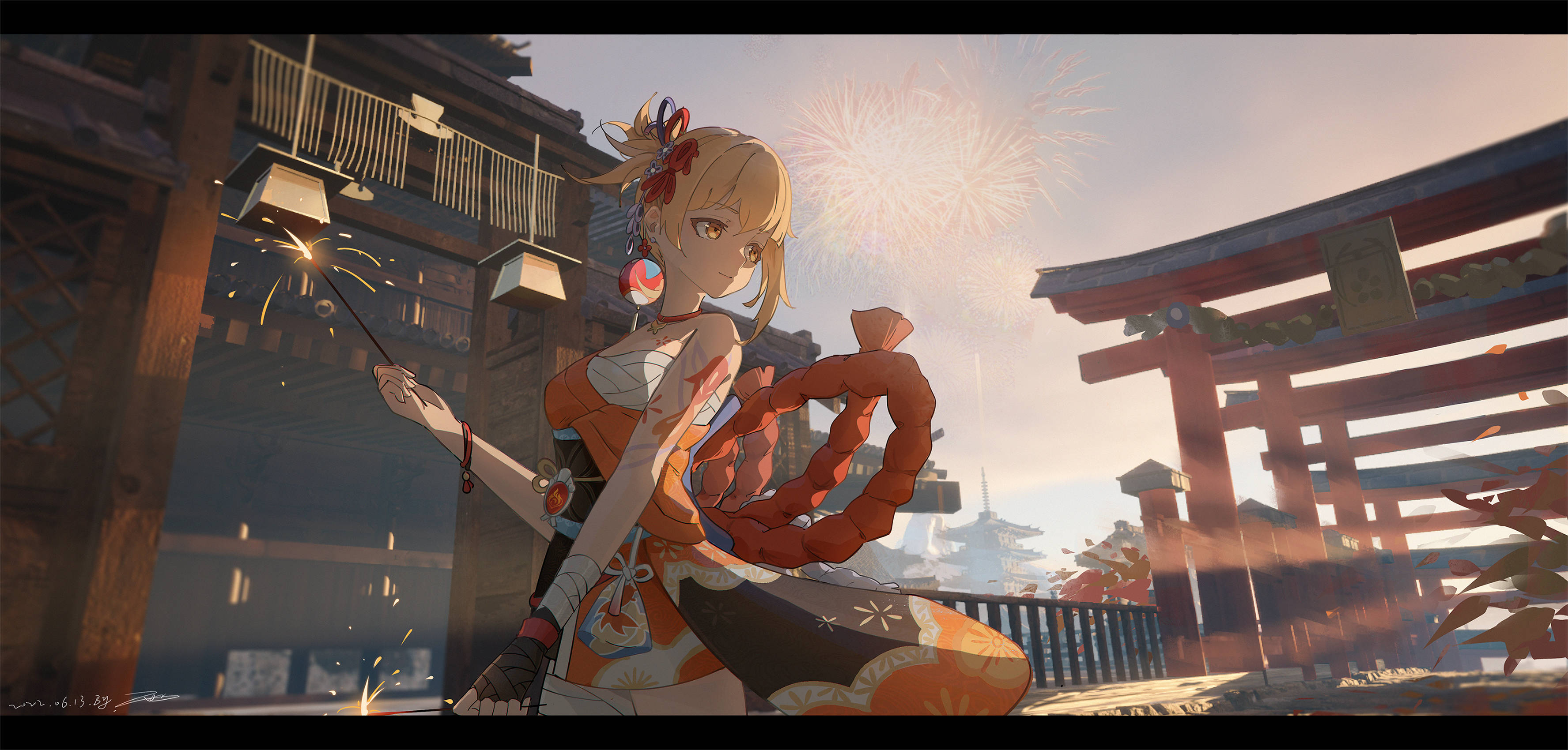 Yoimiya, fireworks, sparkler, 2K Desktop Wallpaper