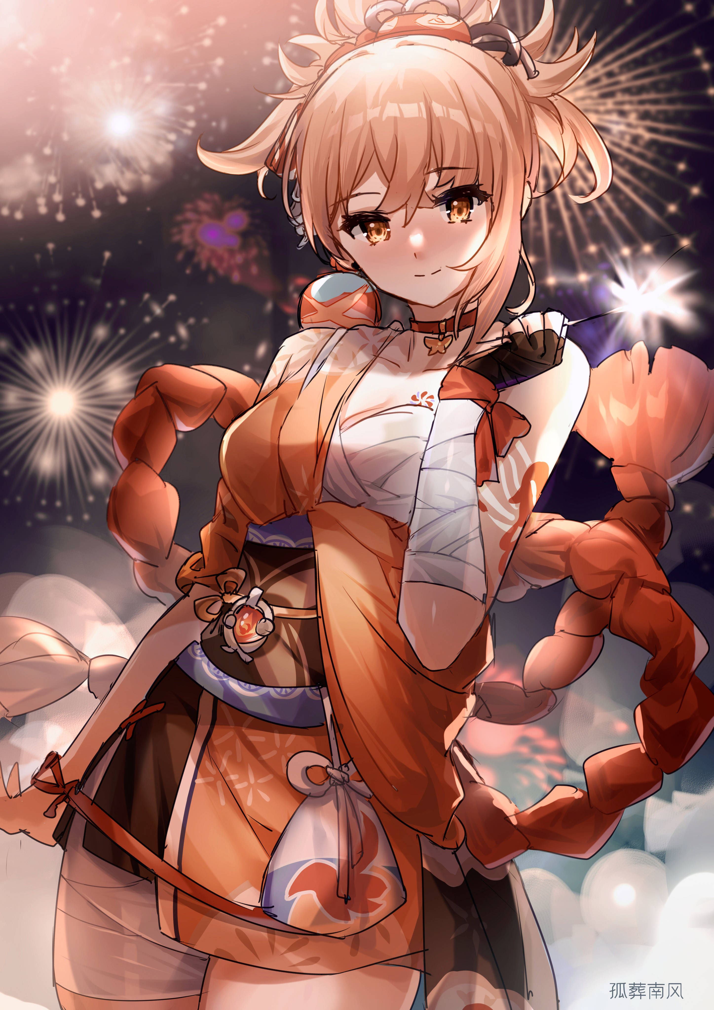 Yoimiya, orange hair, festive attire, 4K Phone Wallpaper