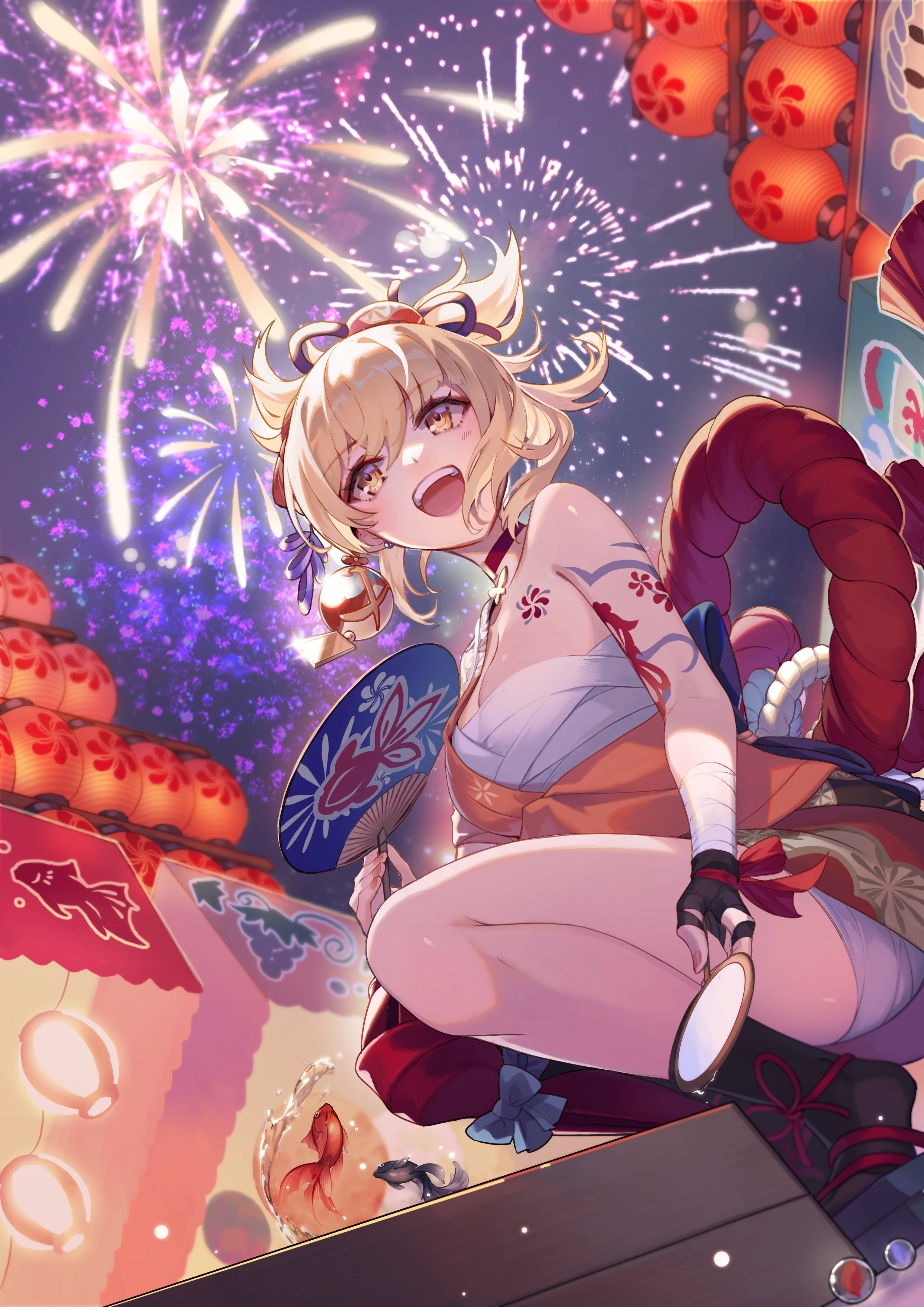 Yoimiya, traditional attire, vibrant fireworks, 2K Phone Wallpaper