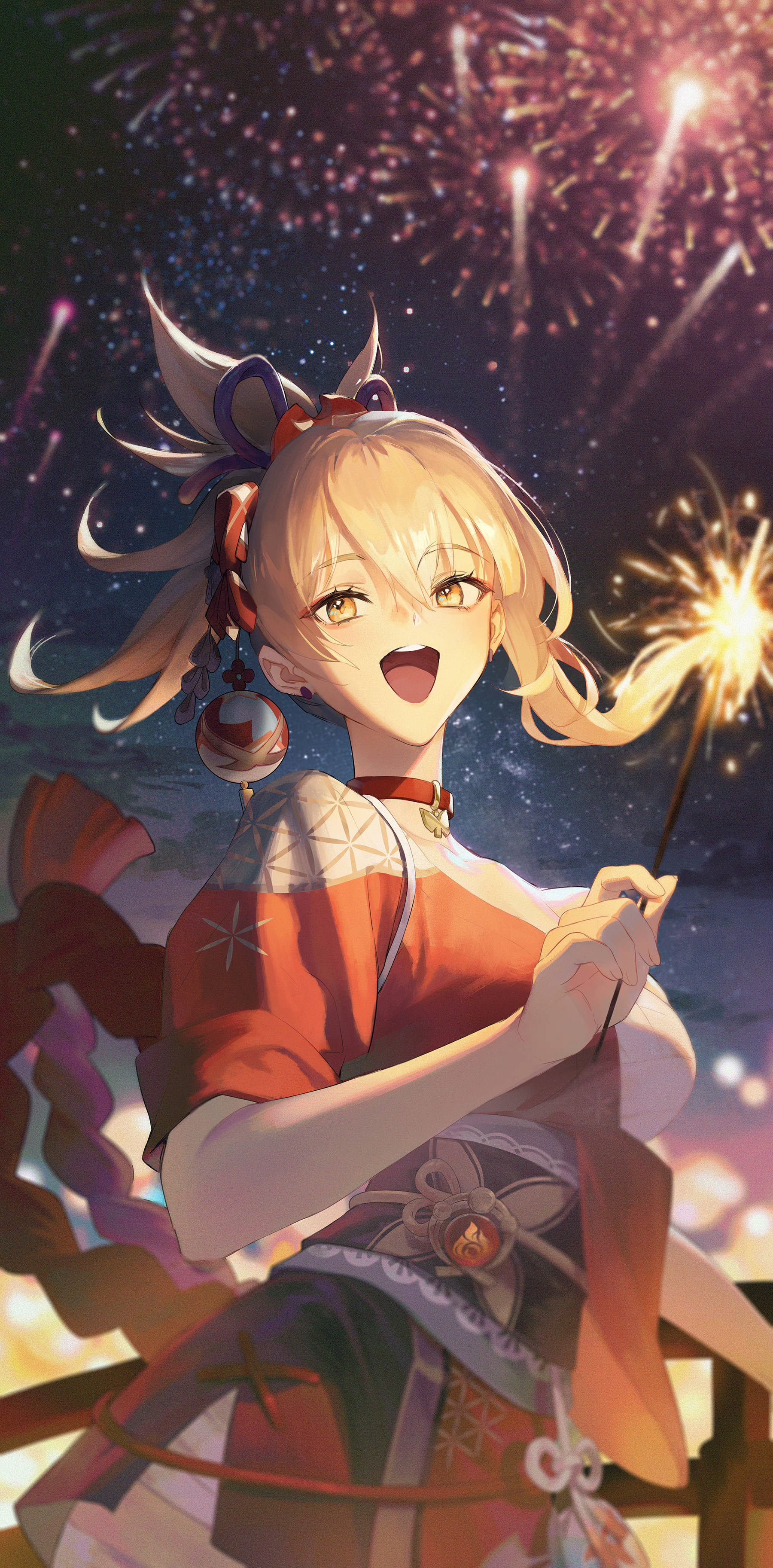 Yoimiya, red kimono, sparkler, 2K Phone Wallpaper