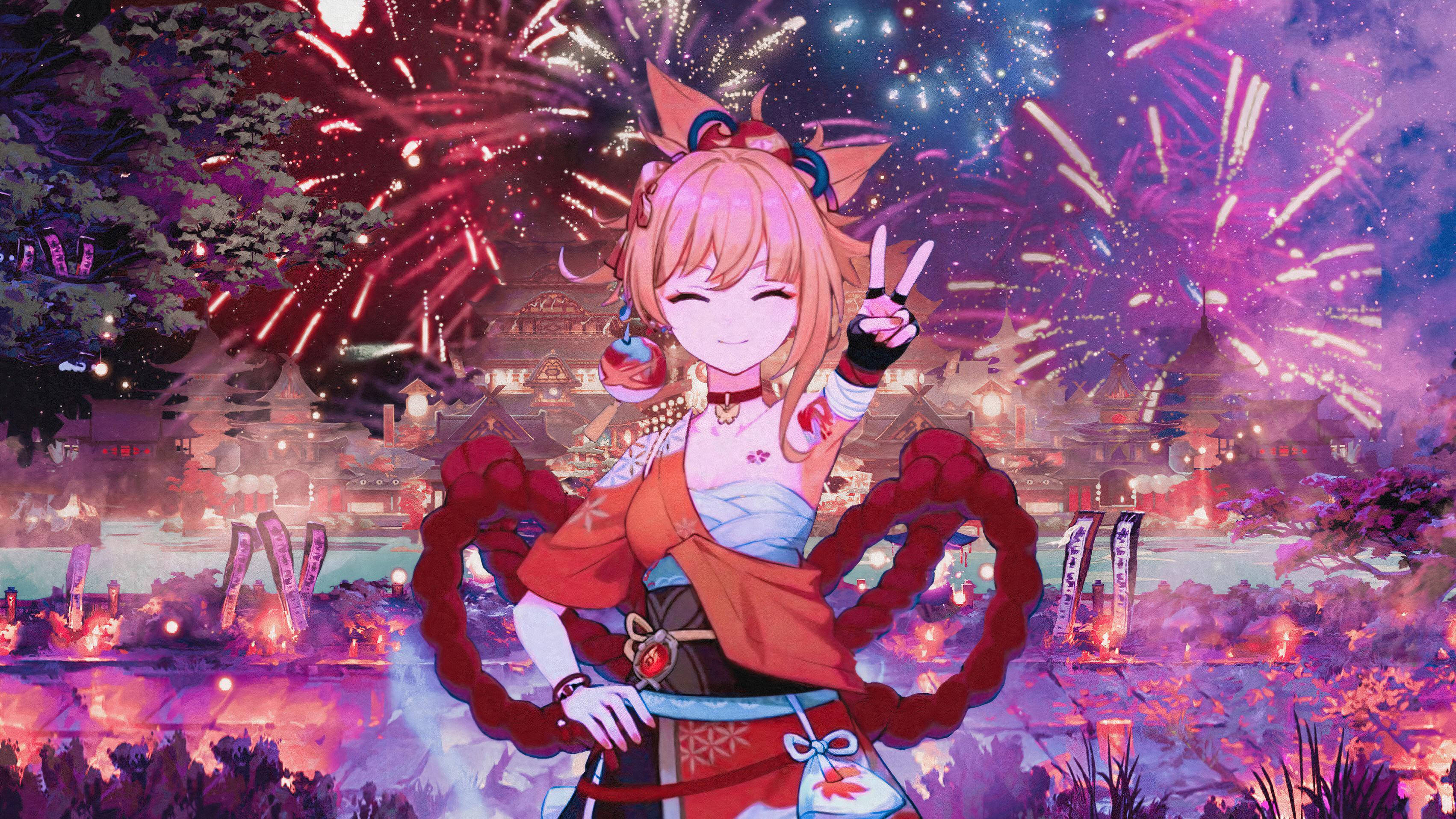 Yoimiya, peace sign, vibrant fireworks display, 2K Desktop Wallpaper