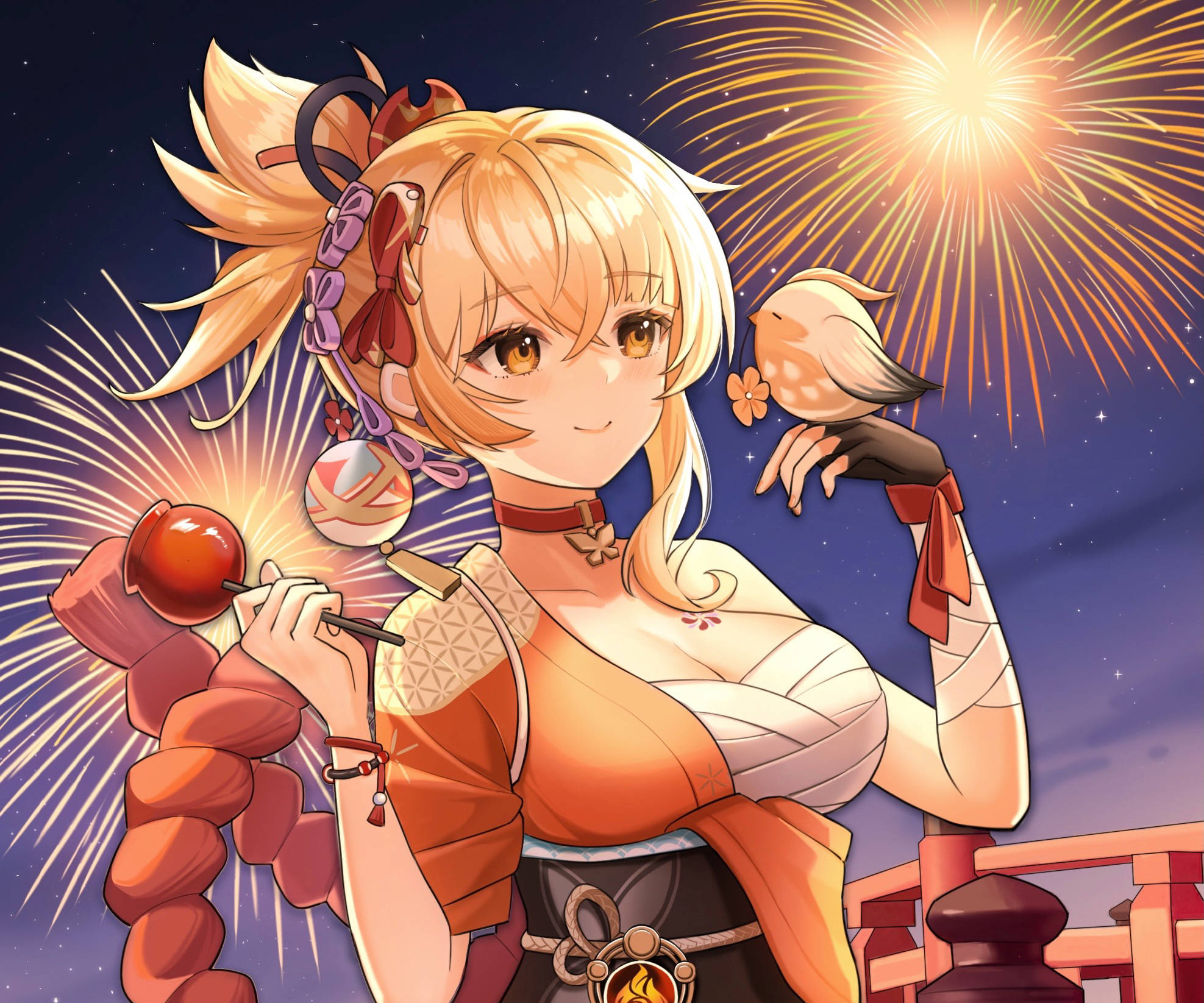 Yoimiya, bird, dango skewer, Full HD Desktop Wallpaper