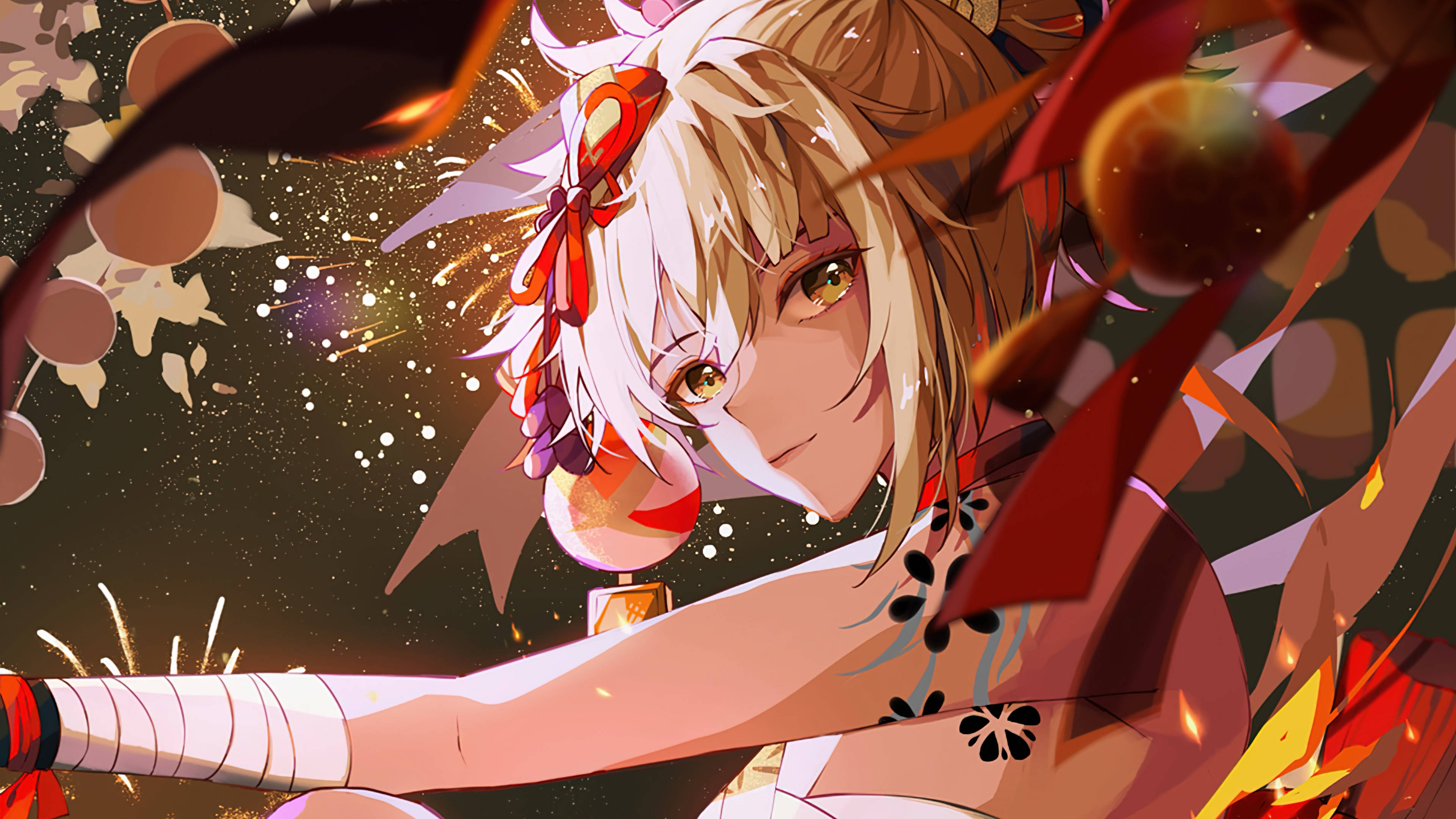 Yoimiya, white hair, red ribbon, 4K Desktop Wallpaper