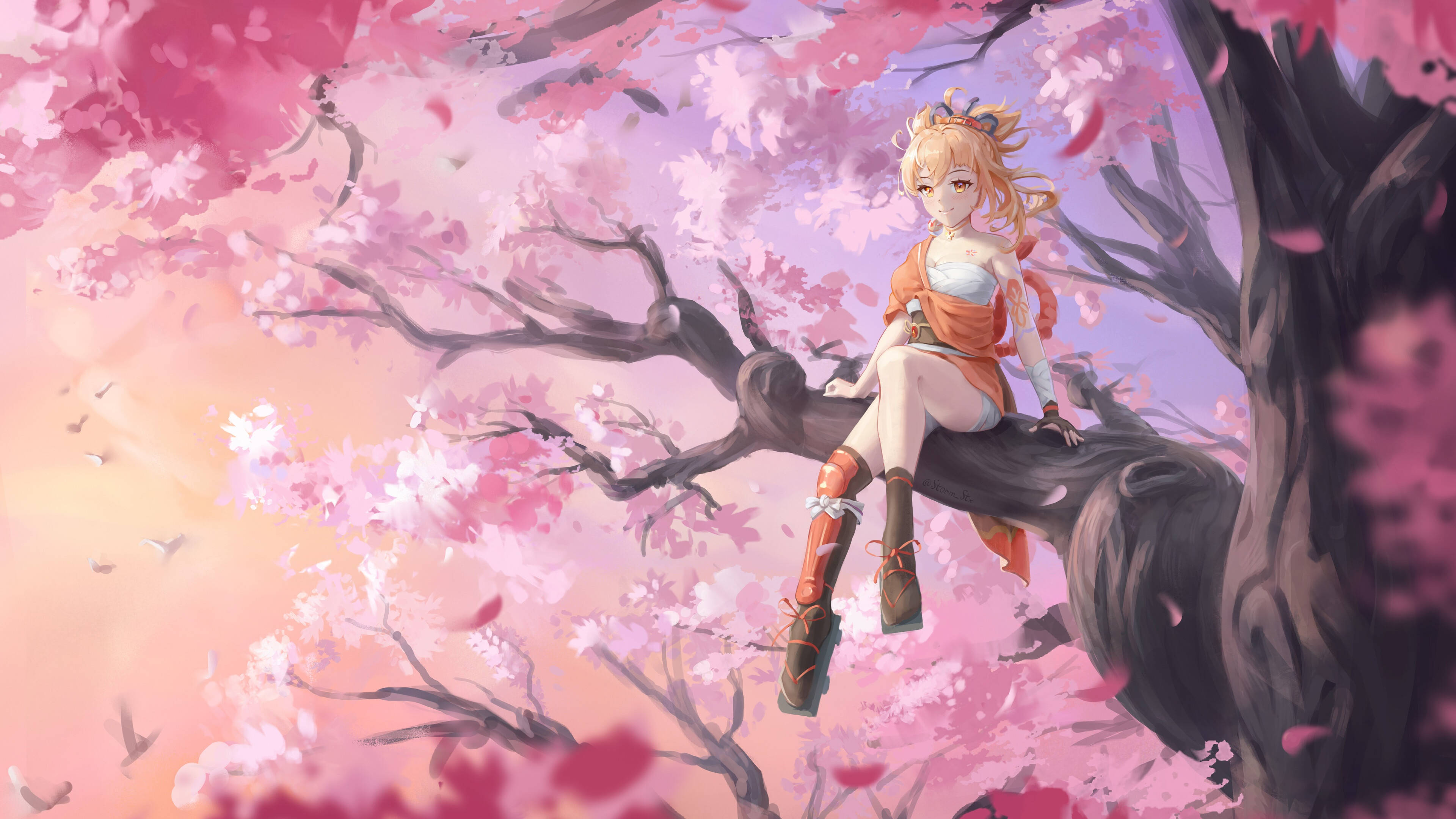 Yoimiya, cherry blossom tree, pink petals, 4K Desktop Wallpaper