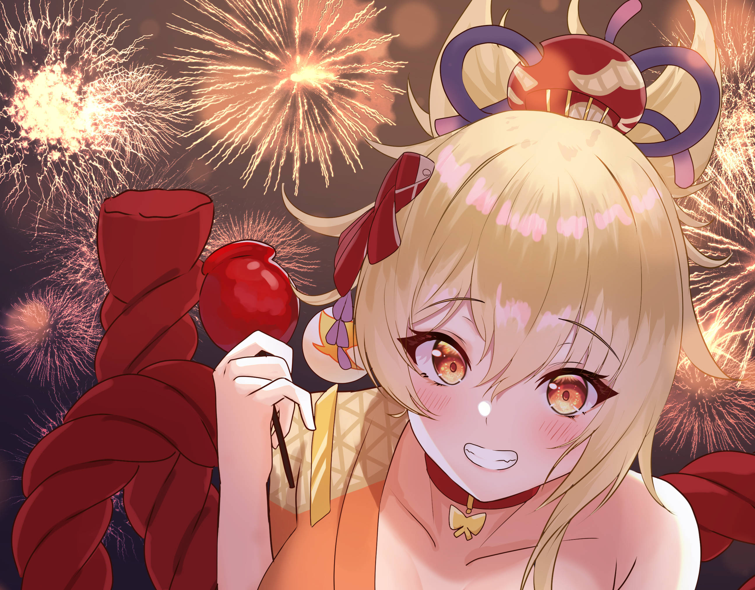 Yoimiya, fireworks, blonde hair, 2K Desktop Wallpaper
