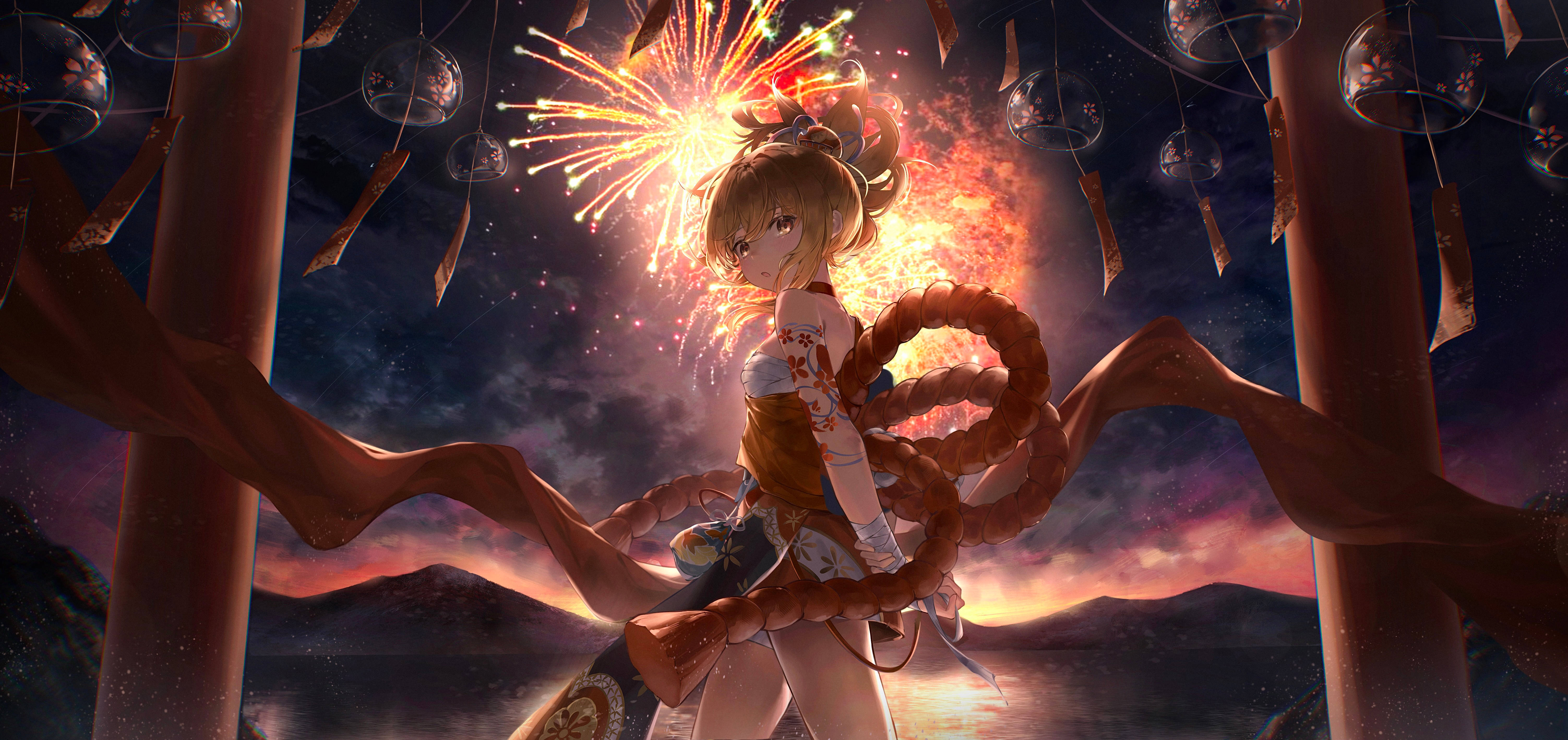 Yoimiya, torii gate, fireworks, 5K Desktop Wallpaper