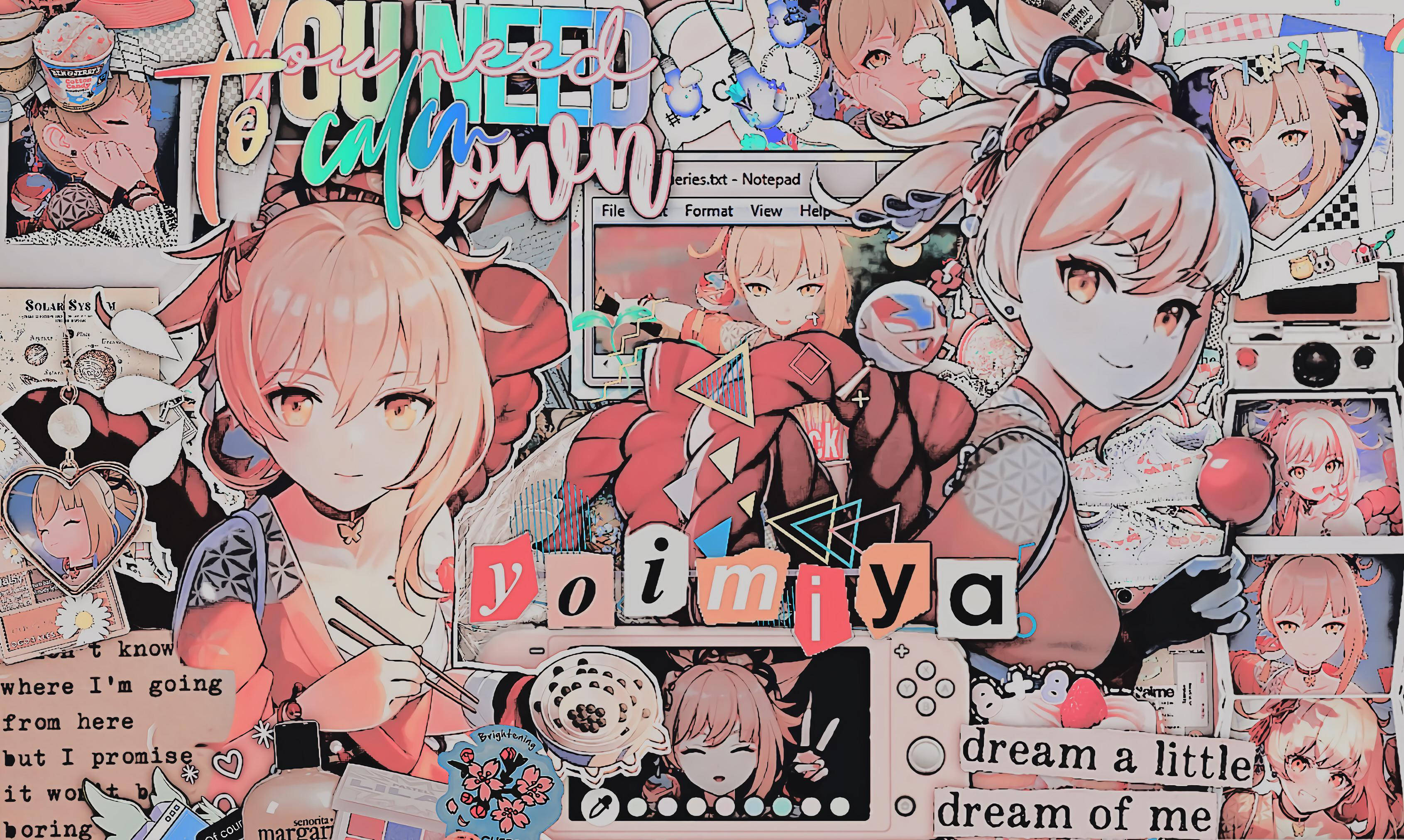 Yoimiya, pink-haired girl, anime collage, 2K Desktop Wallpaper