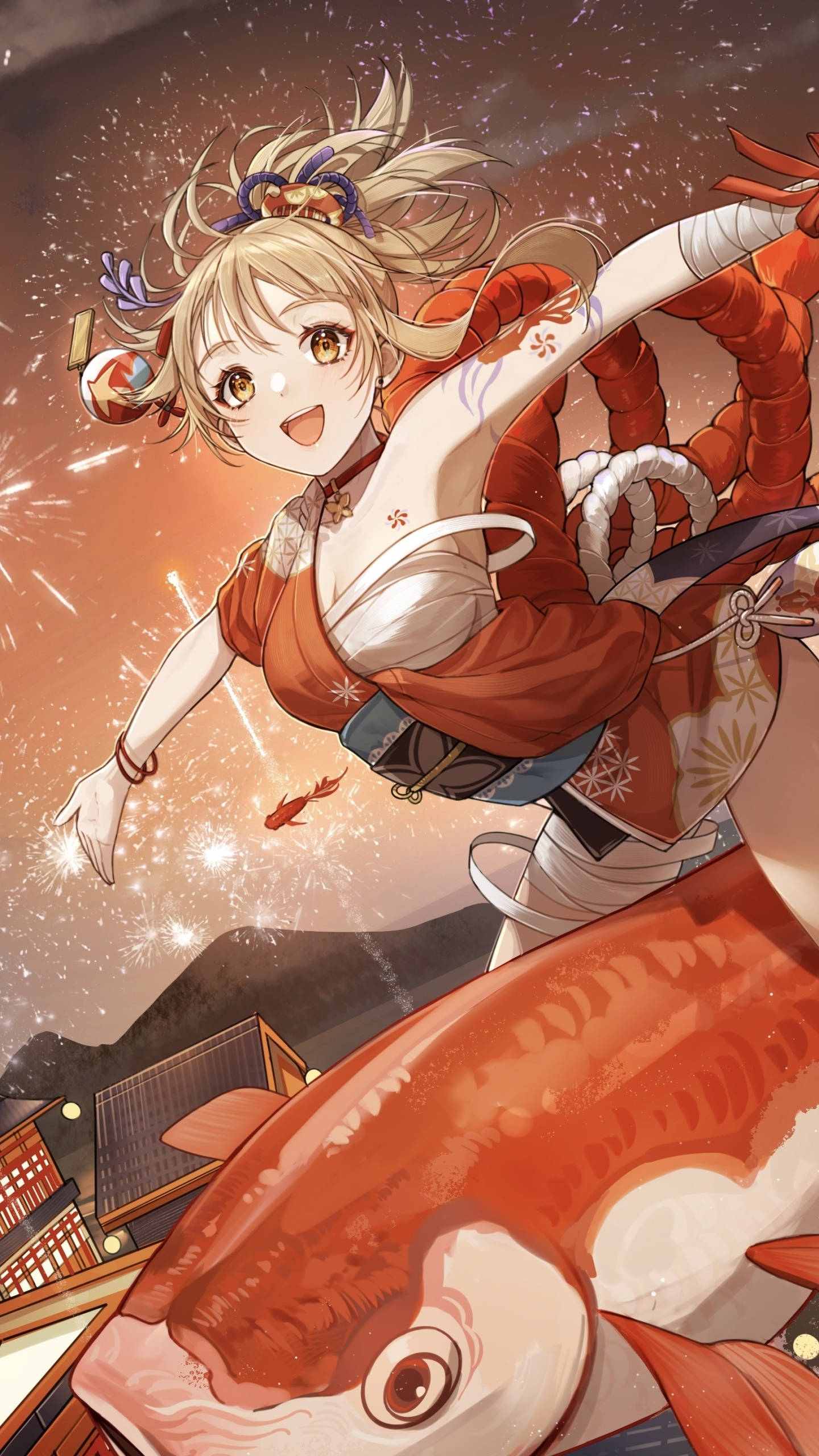Yoimiya, red kimono, giant koi fish, 2K Phone Wallpaper
