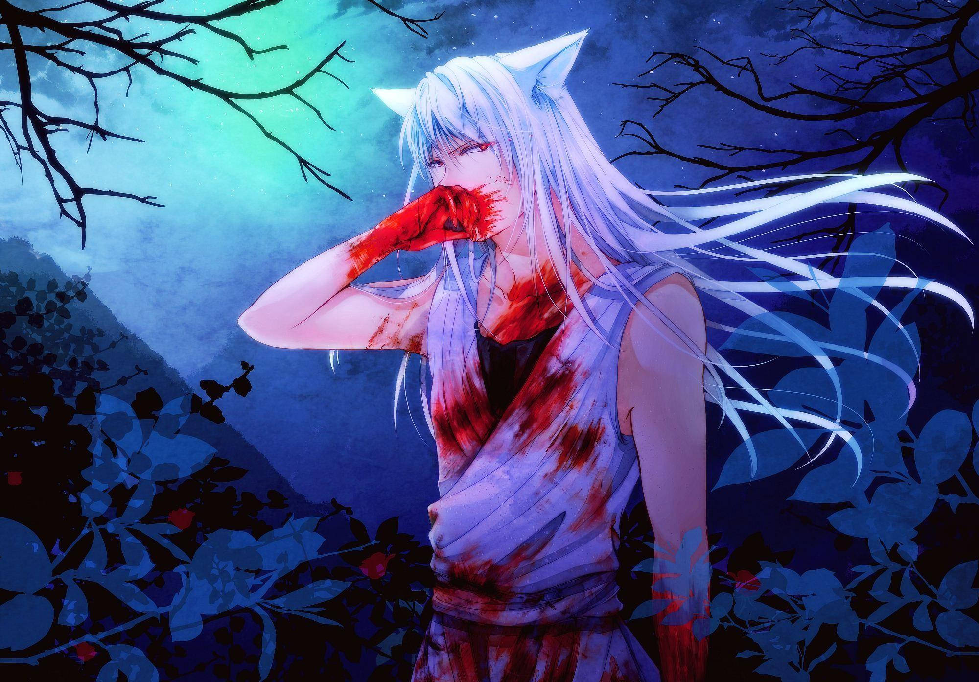 Yoko Kurama, full moon, white-haired anime girl, Full HD Desktop Wallpaper