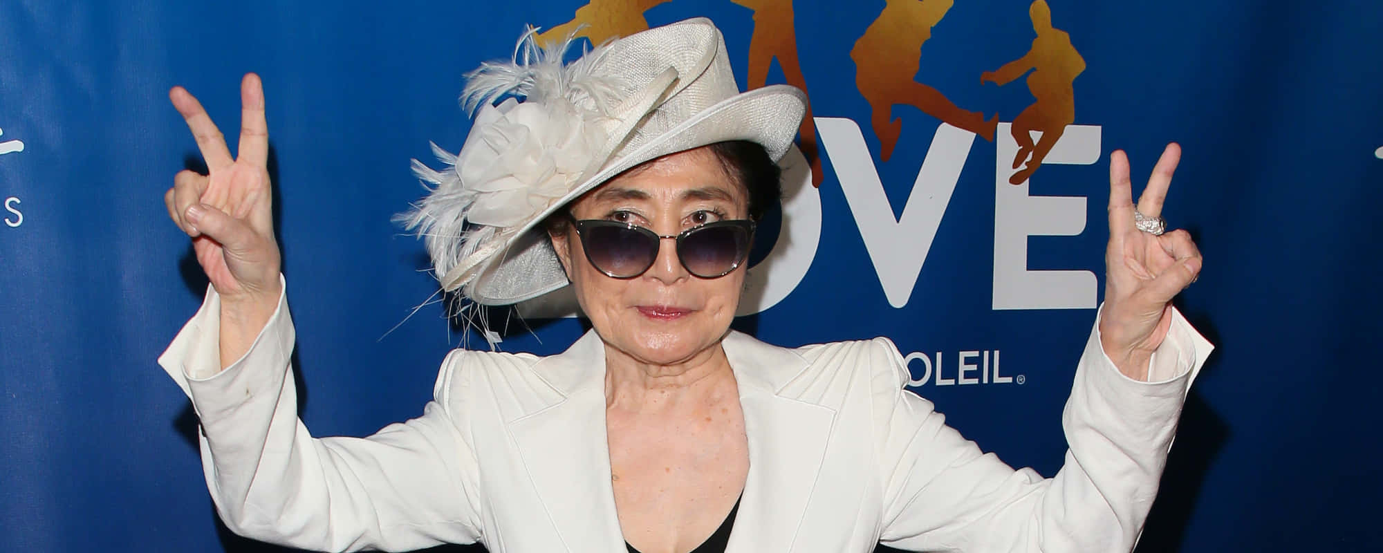 Yoko Ono, white feathered hat, sunglasses, Full HD Desktop Wallpaper