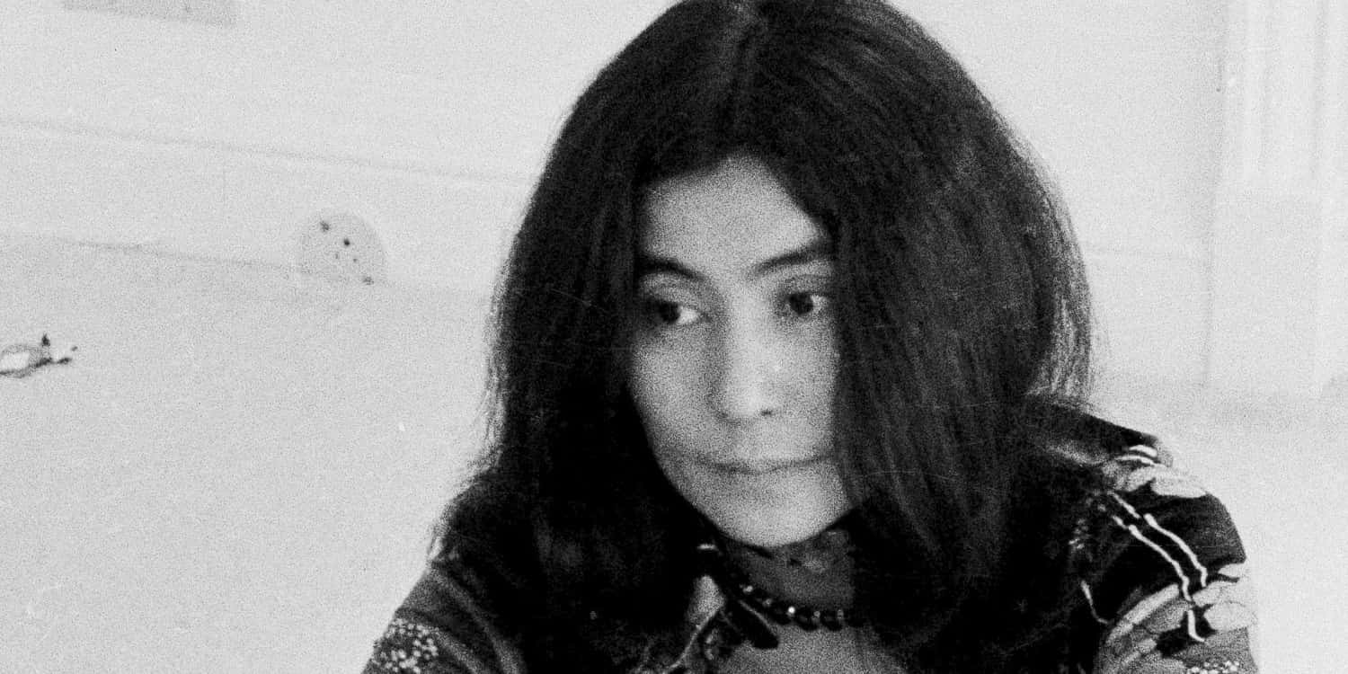 Yoko Ono, black and white portrait, long dark hair, HD Desktop Wallpaper