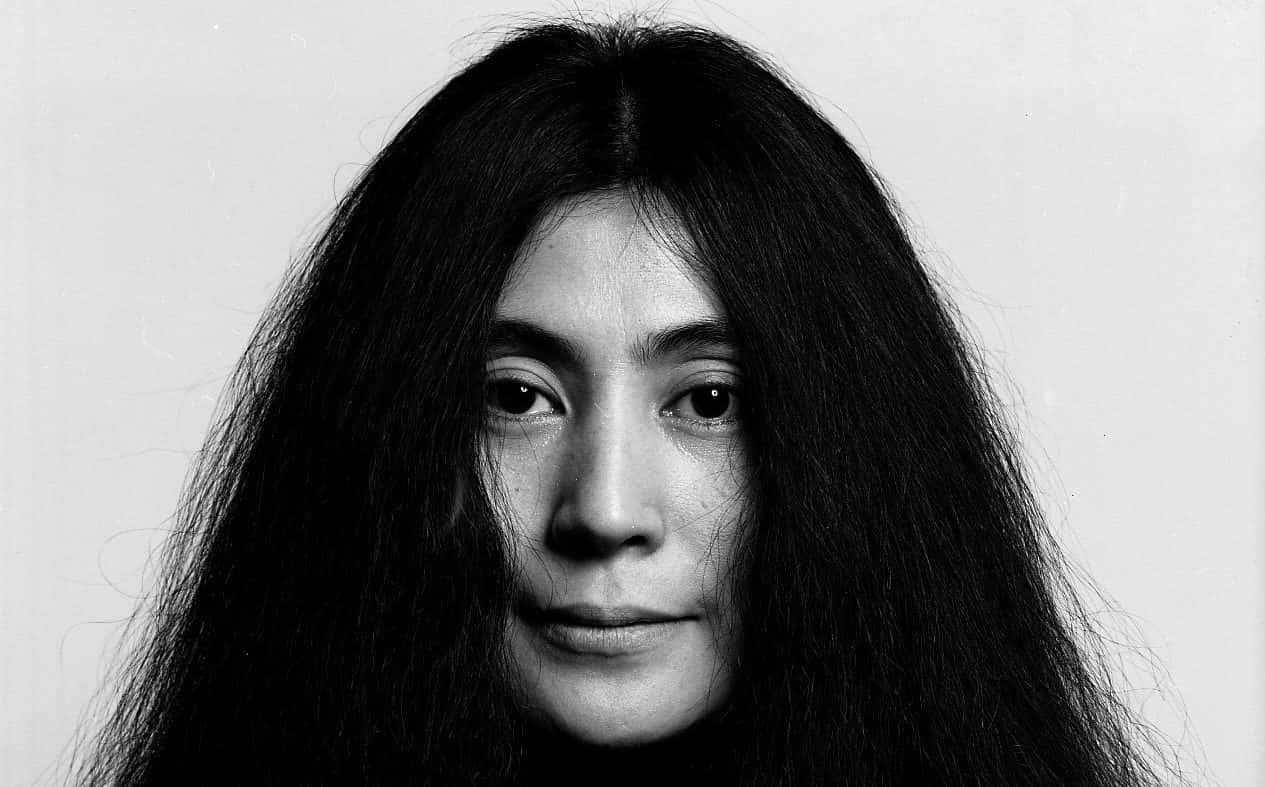 Yoko Ono, long hair, black and white portrait, SD Desktop Wallpaper